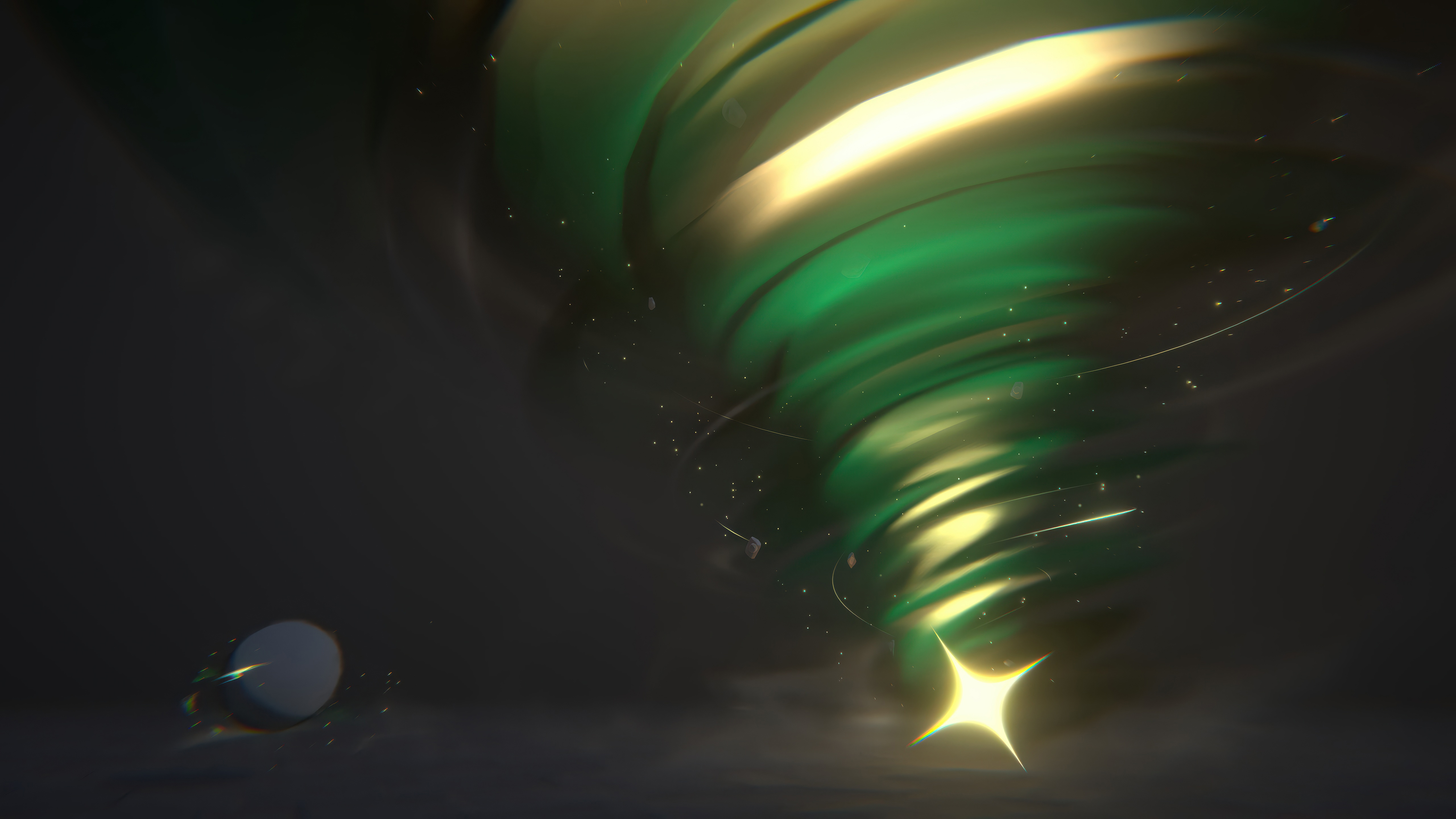 Green tornado with a glowing star and a grey sphere HD Wallpaper