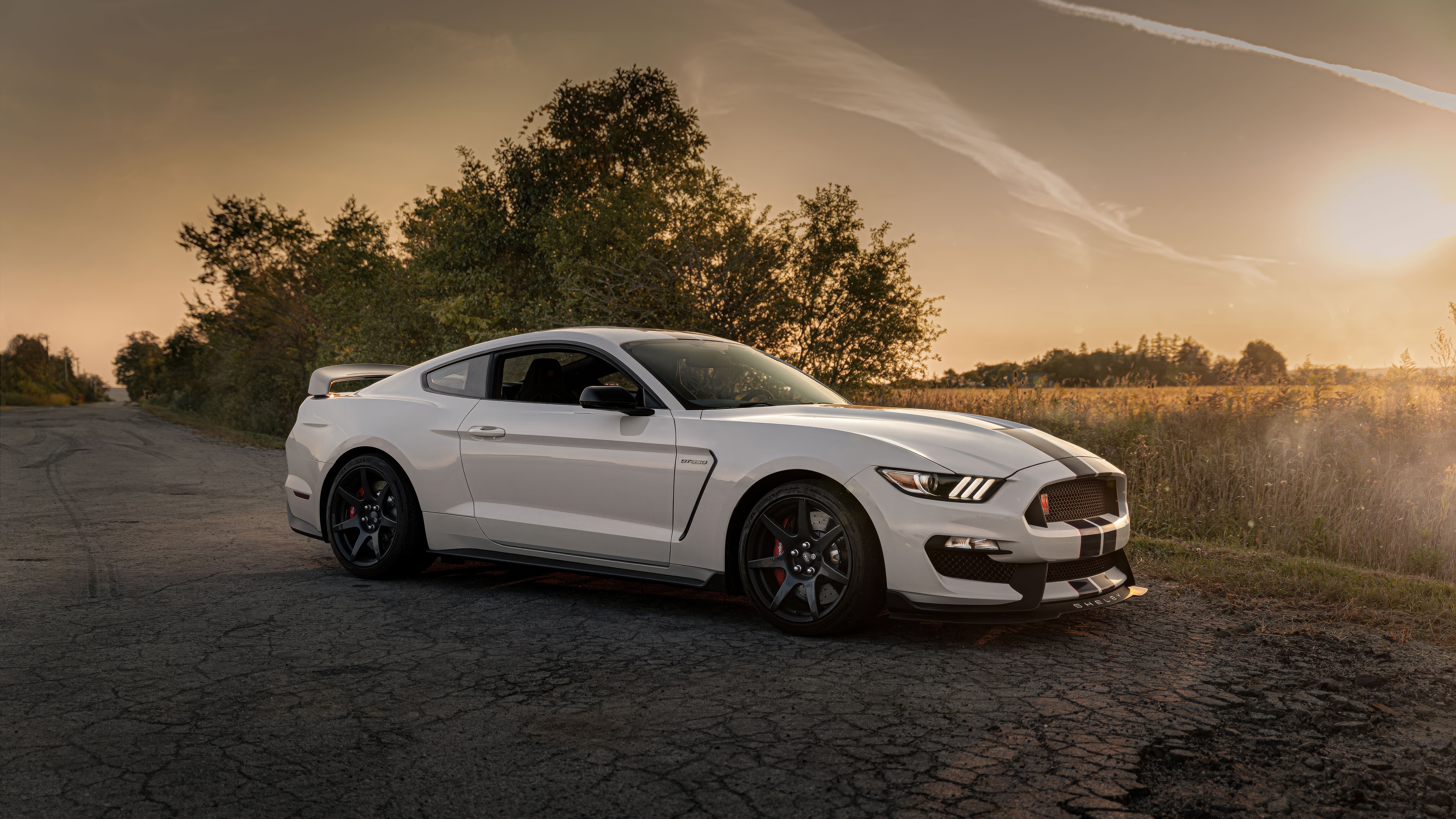 White Shelby GT350R on a Country Road at Sunset HD Wallpaper