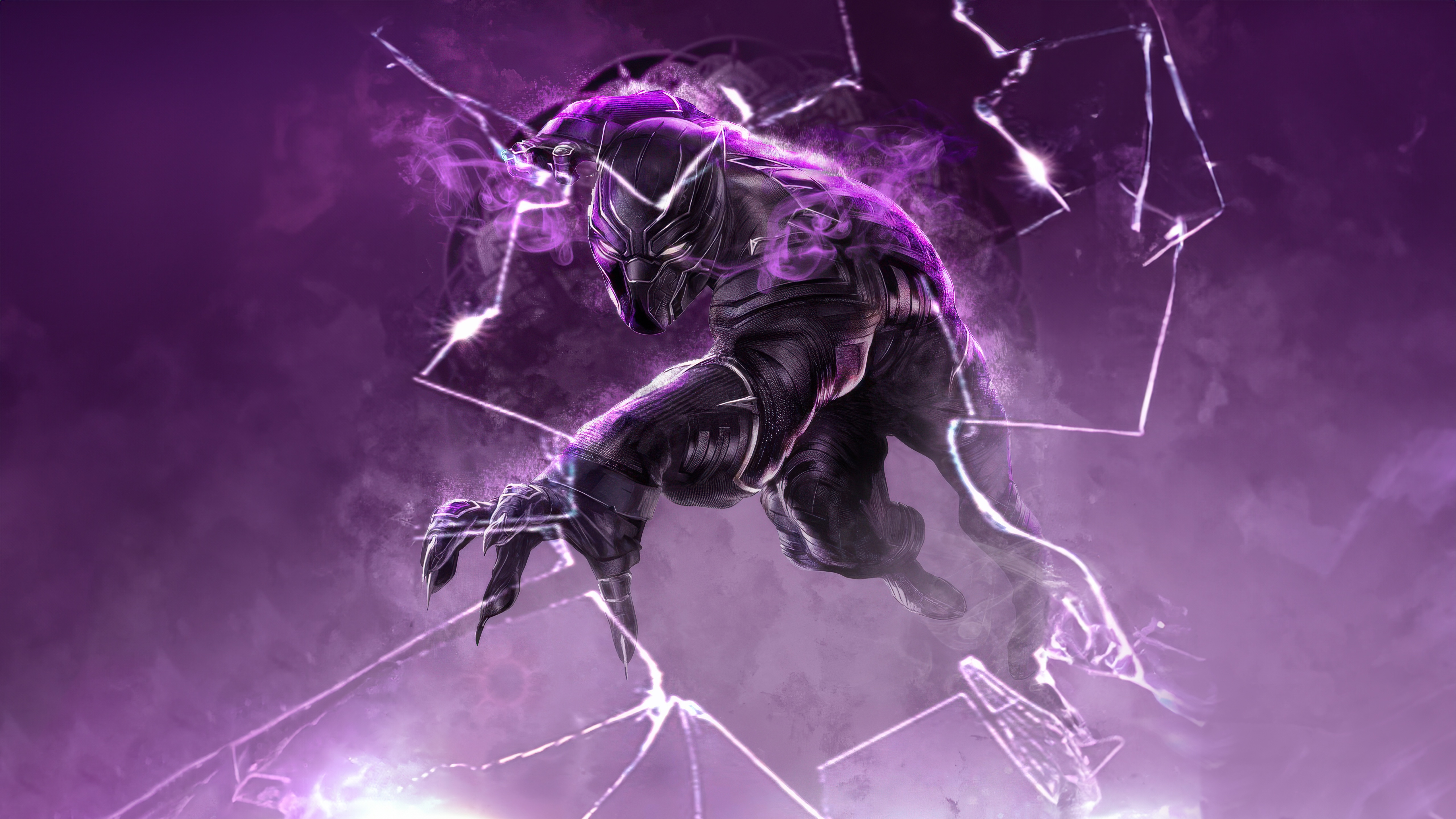 Black Panther Breaking Through Glass with Purple Energy HD Wallpaper