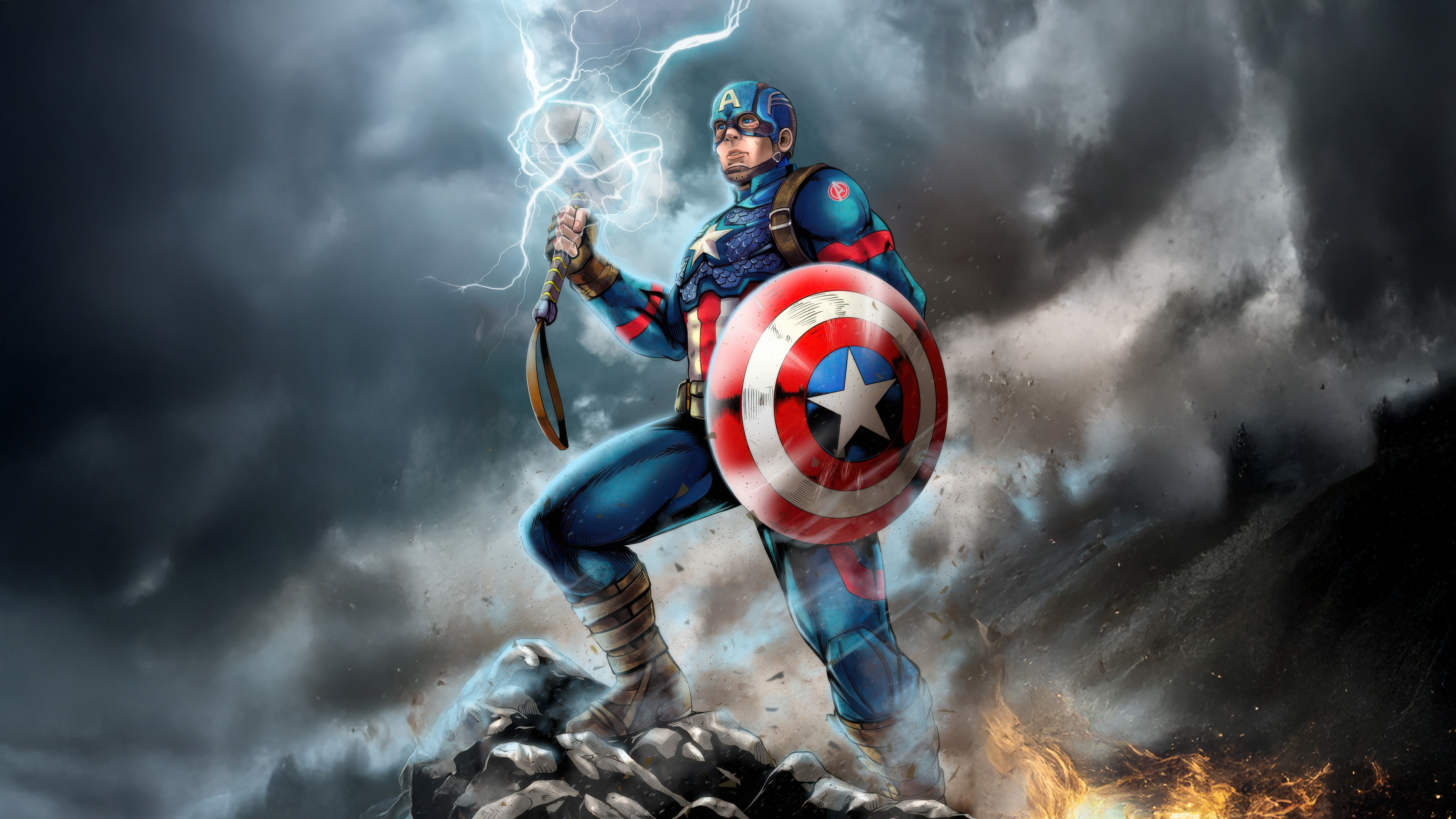 Captain America with Thor's Hammer and Shield HD Wallpaper