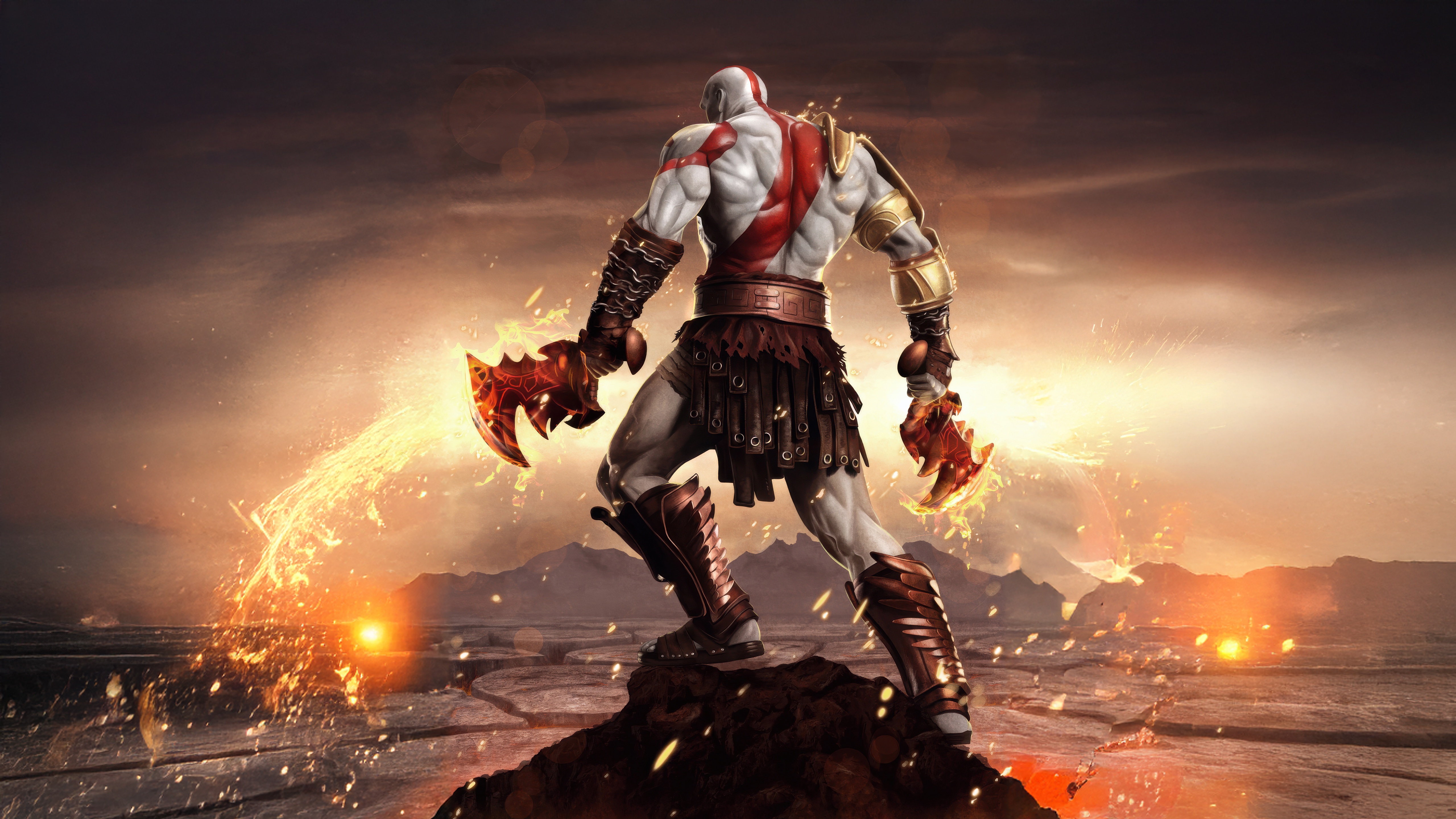 Kratos with Blades of Chaos in a fiery landscape HD Wallpaper