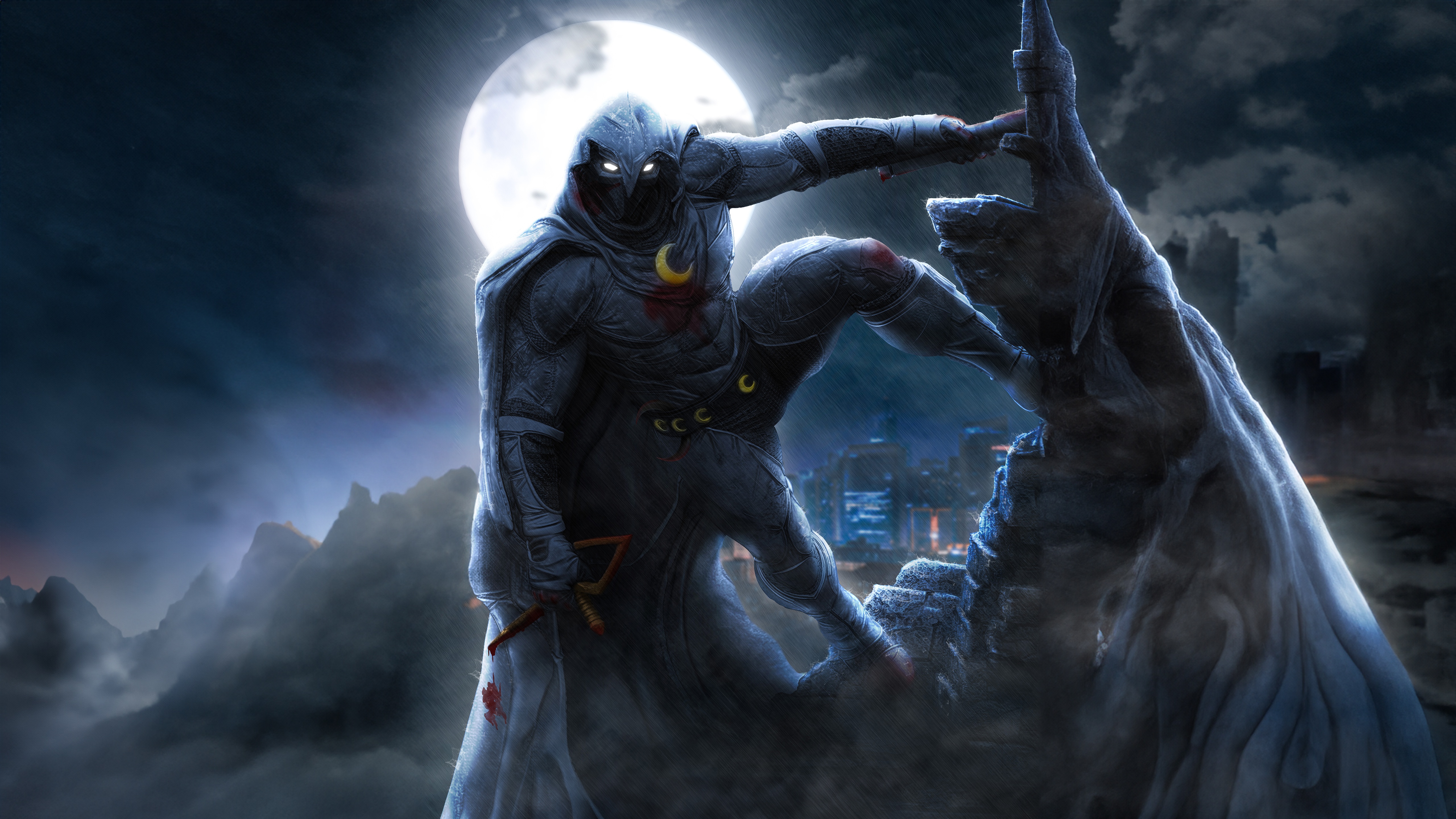 Moon Knight in a battle-ready pose under the moon HD Wallpaper