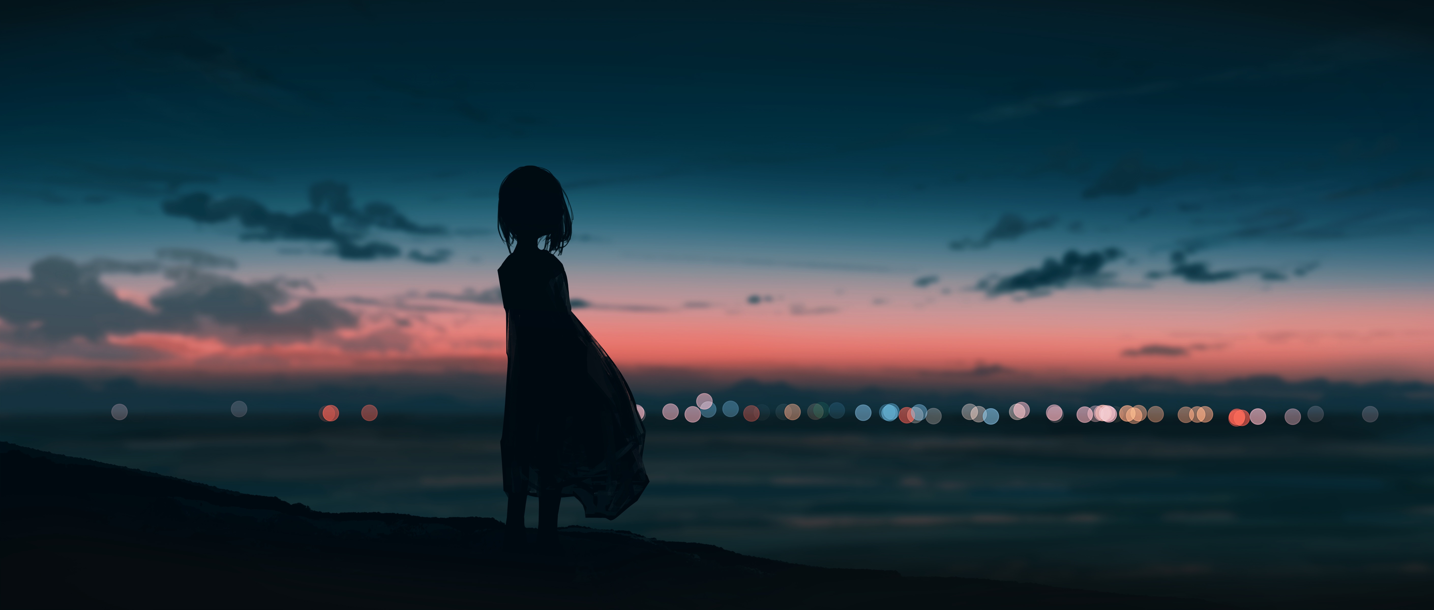Girl silhouetted against a twilight sky by the sea HD Wallpaper