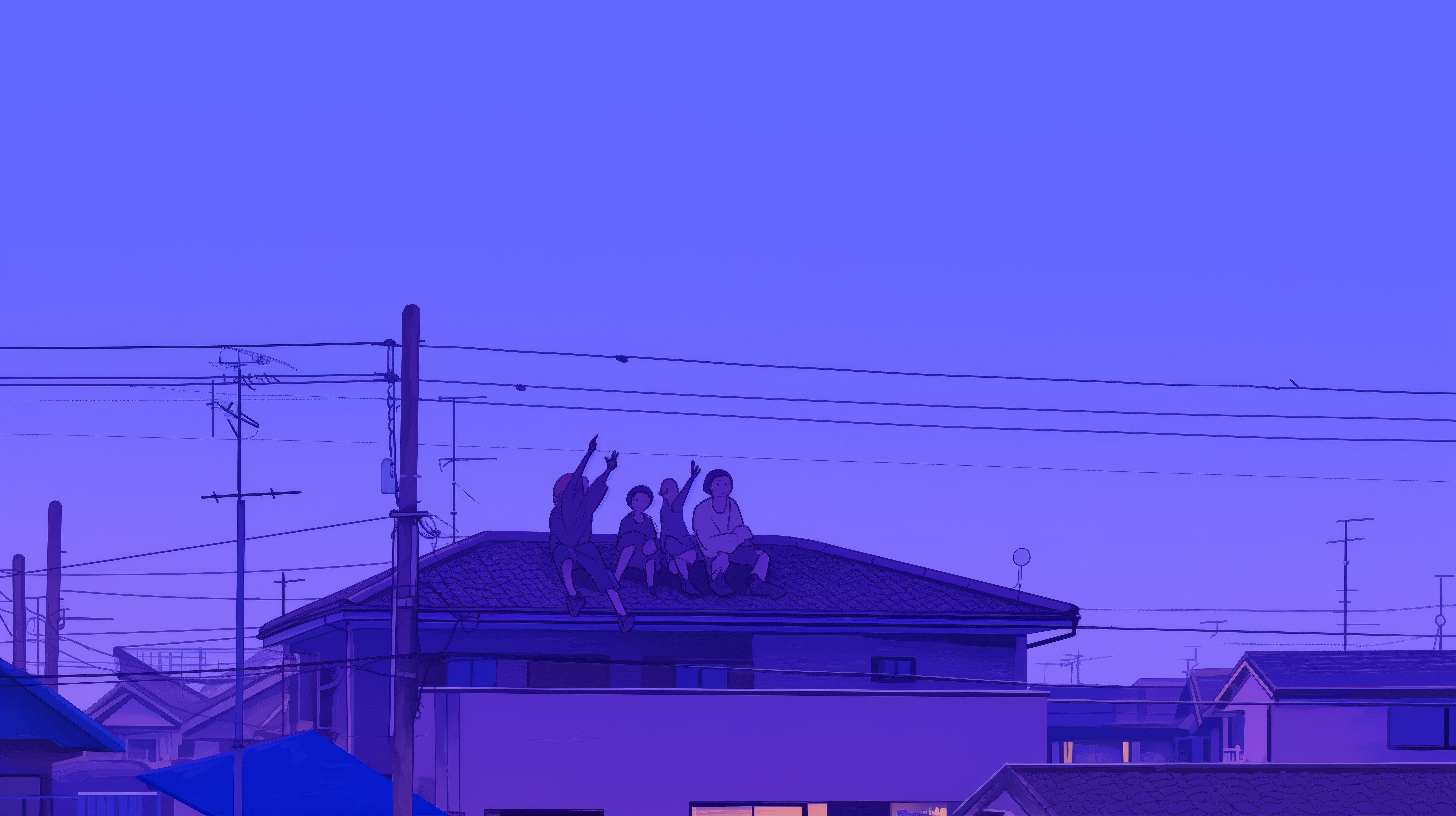 People on a rooftop at dusk HD Wallpaper