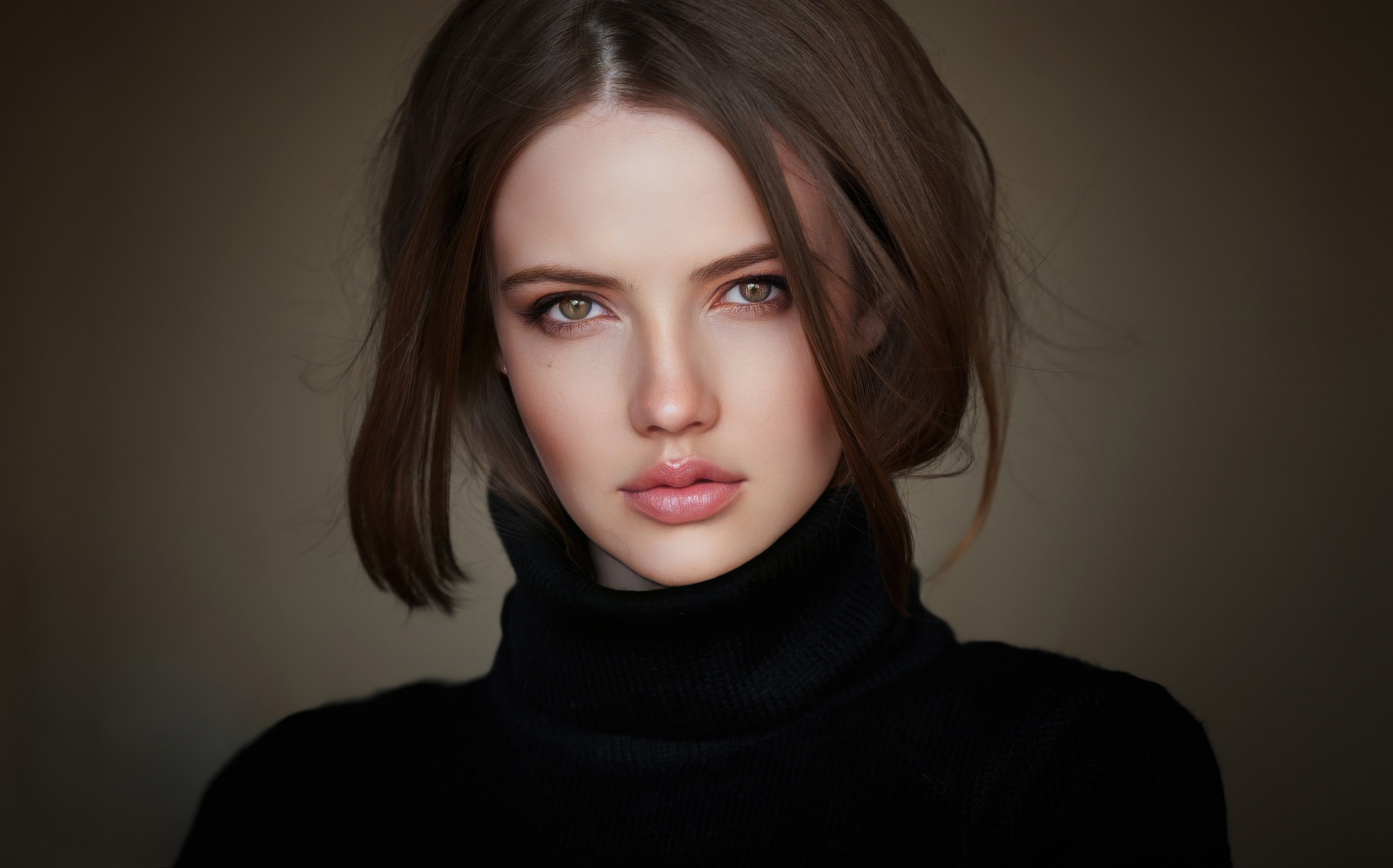 Woman with brown hair wearing a black turtleneck HD Wallpaper