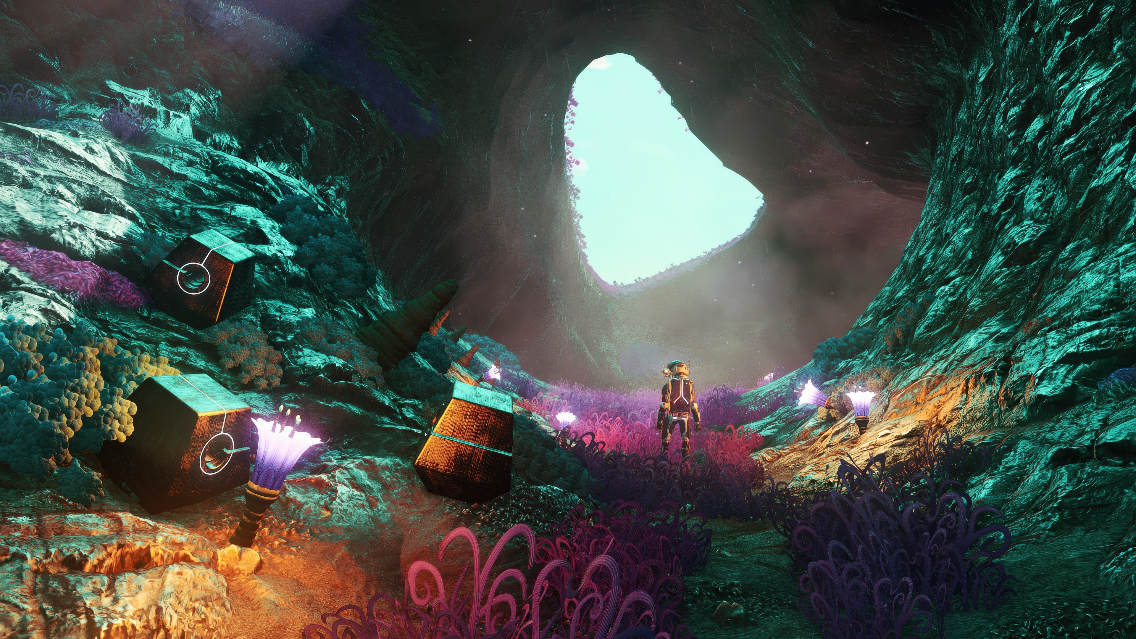 No Man's Sky Cave with Astronaut and Alien Flora HD Wallpaper