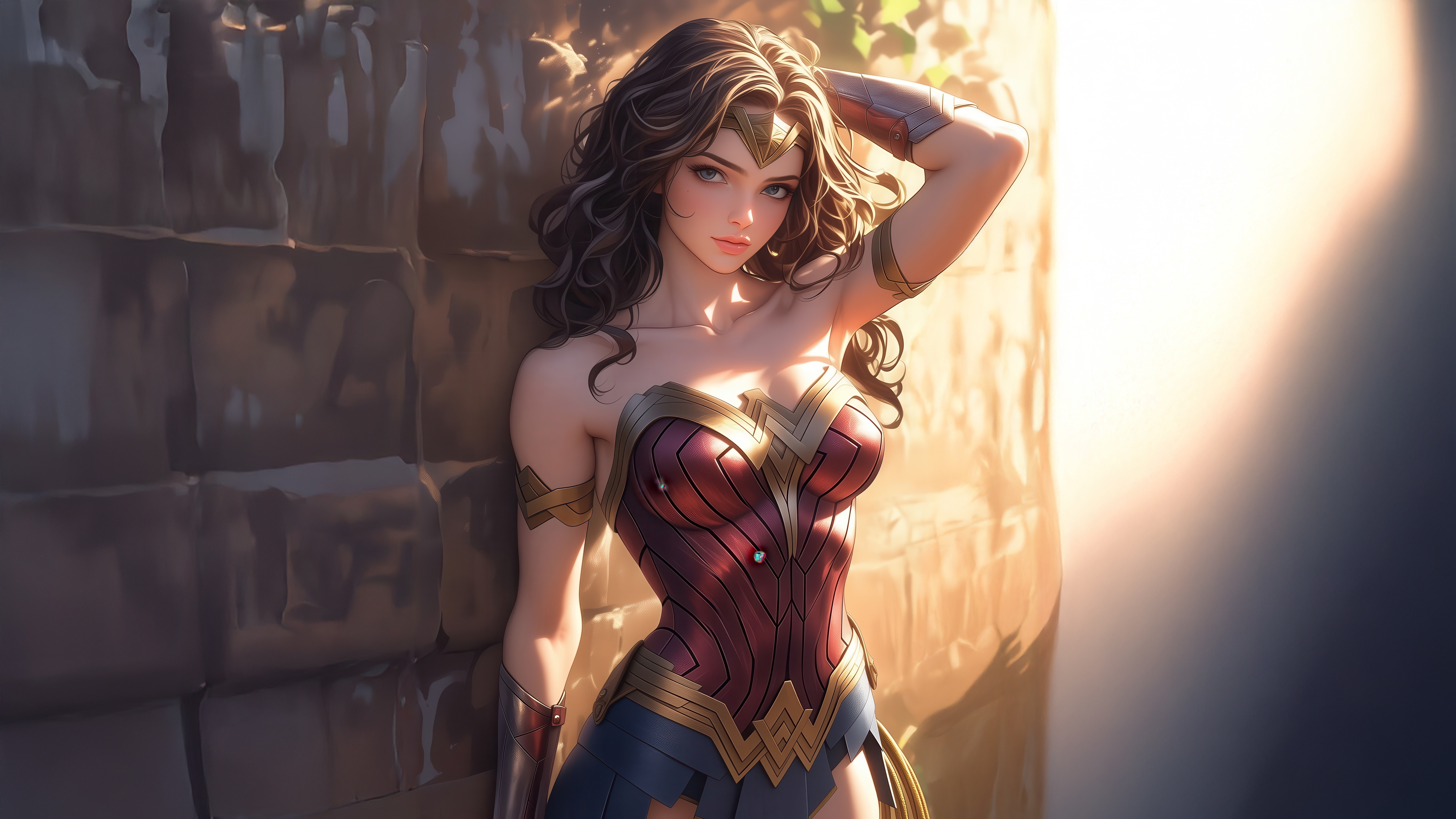 Wonder Woman leaning against a stone wall HD Wallpaper