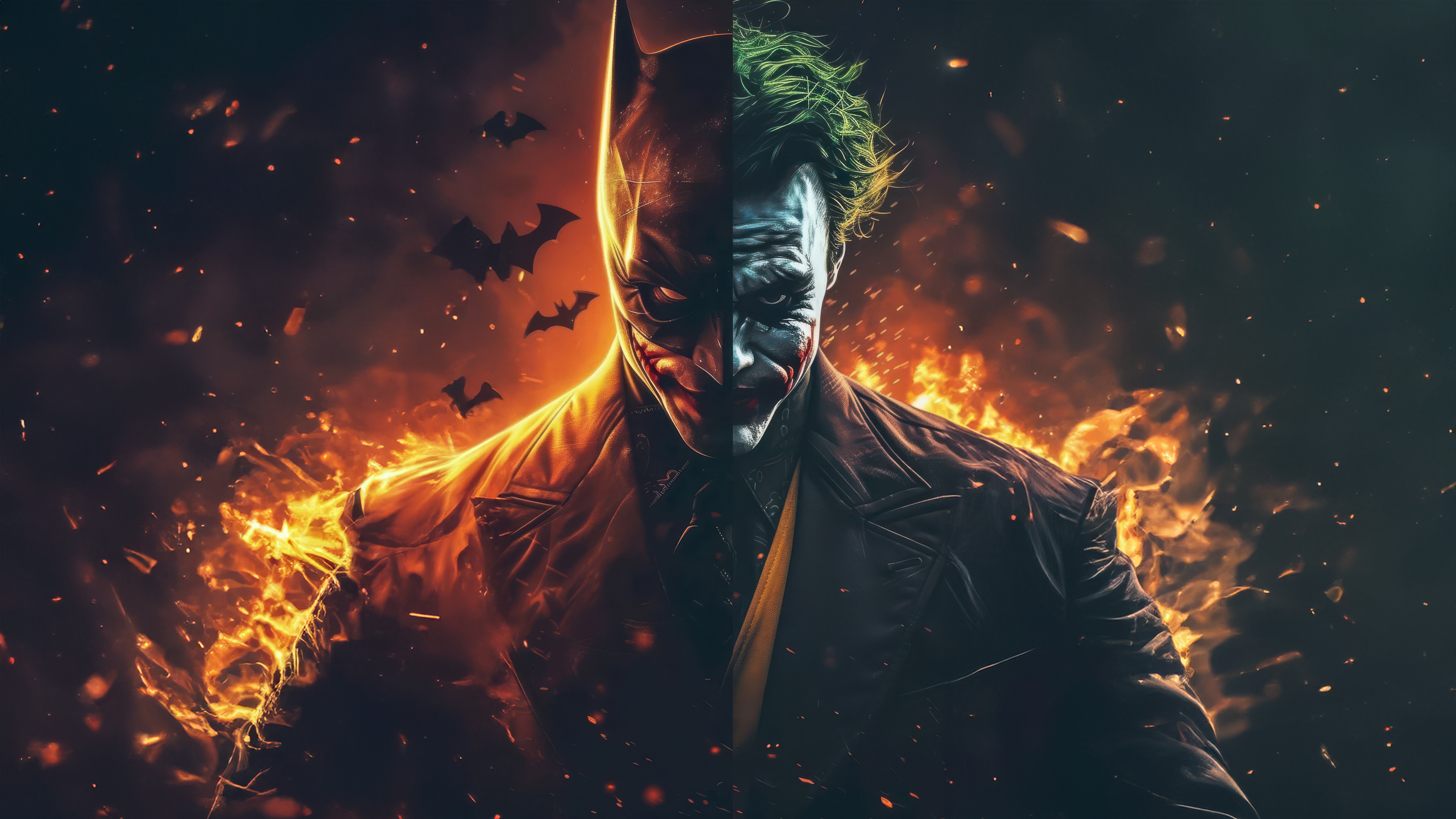 Batman and Joker split face with fire and bats HD Wallpaper