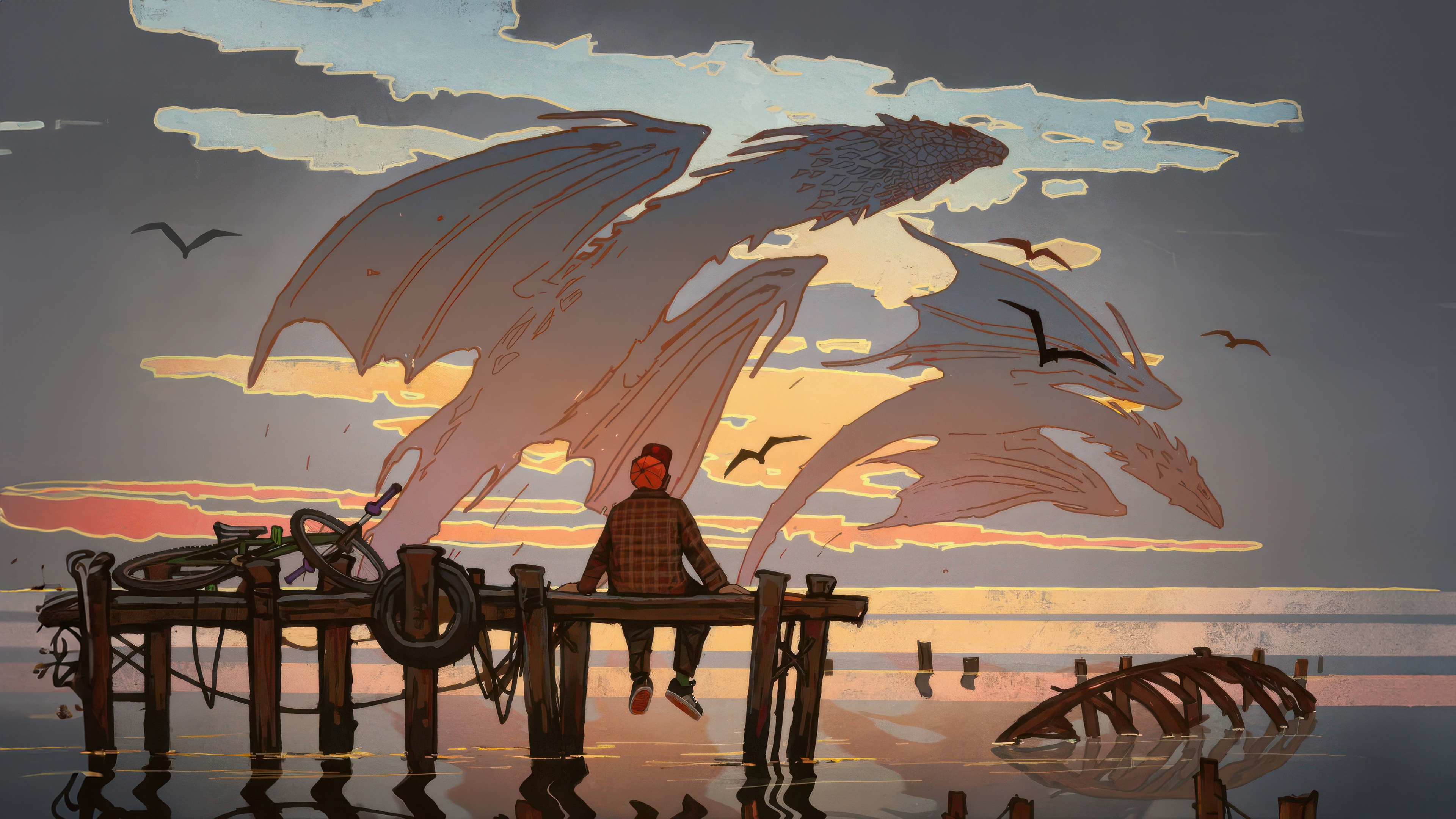 Man on pier watches dragon silhouette at sunset HD Wallpaper