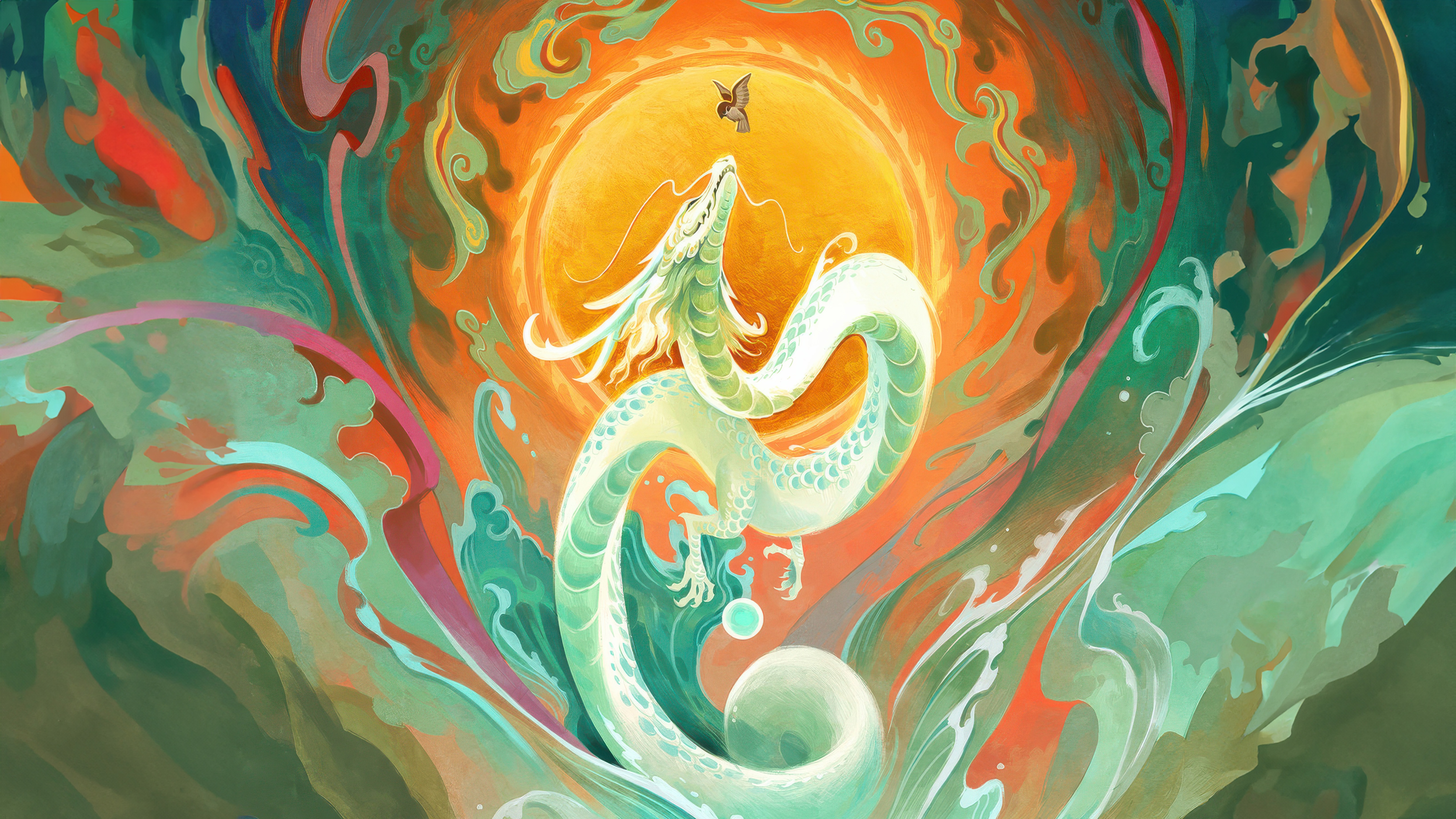A white dragon and a bird under a bright sun HD Wallpaper