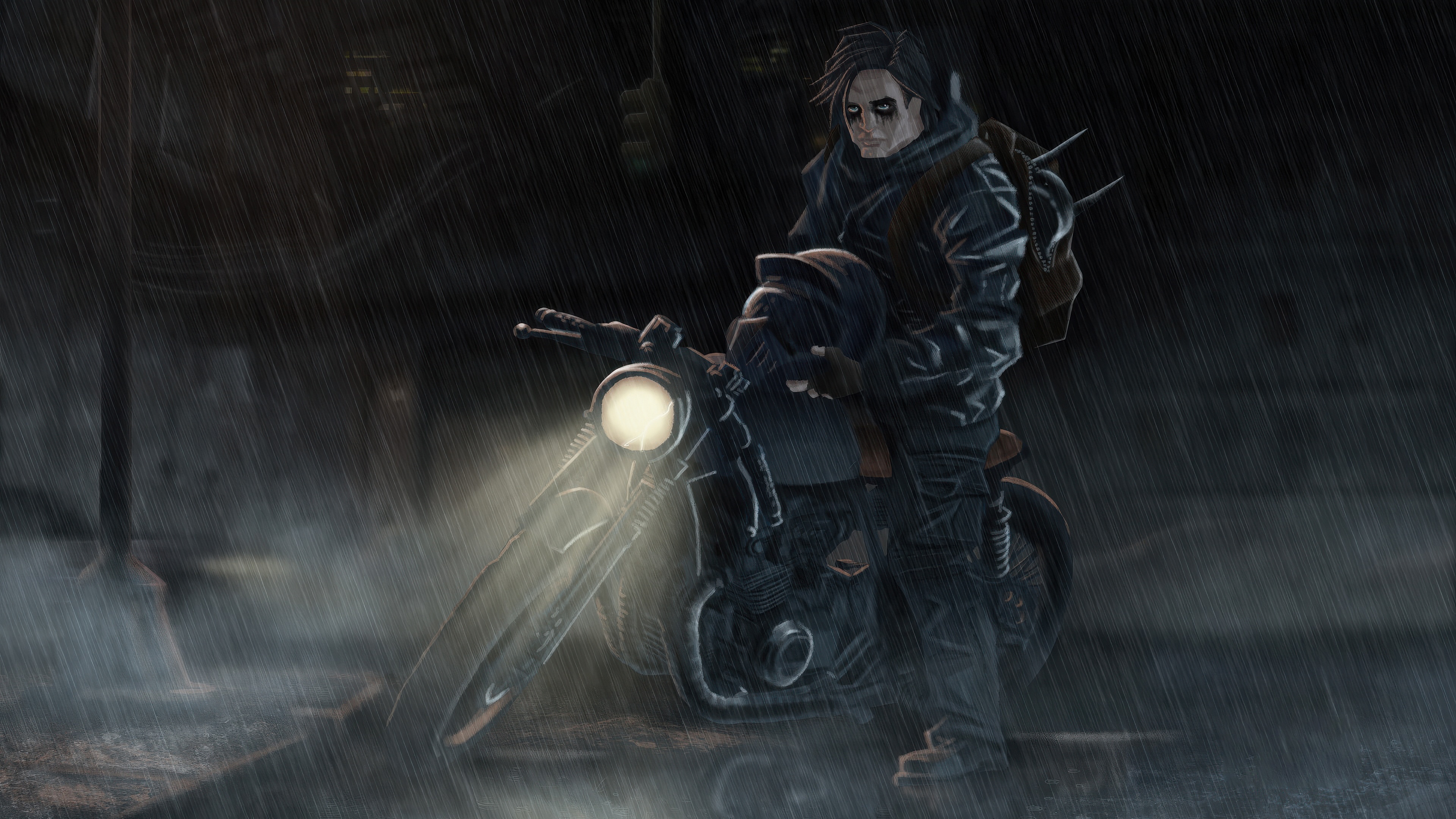 Bruce Wayne on a motorcycle in the rain HD Wallpaper