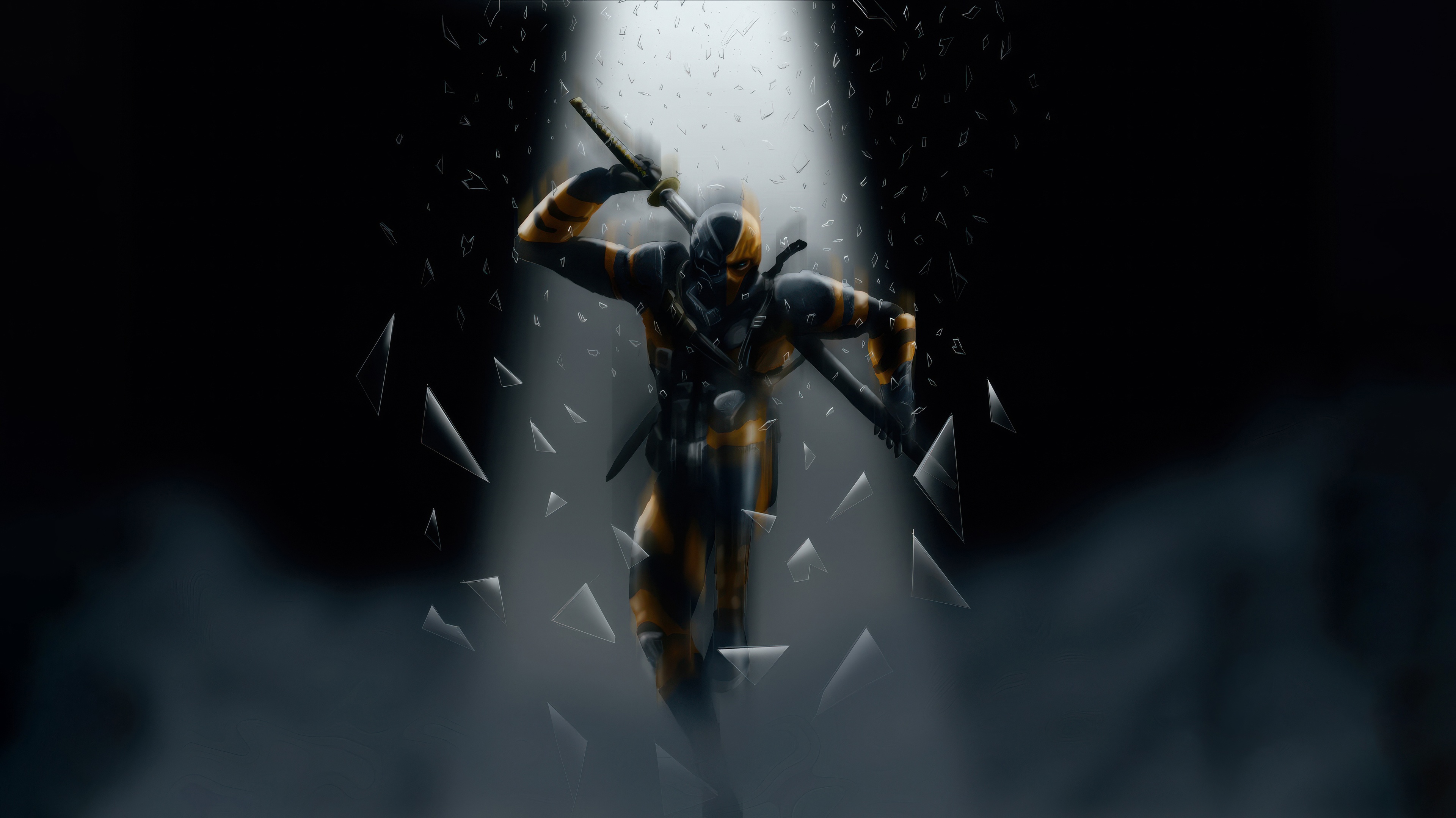 Deathstroke with swords amidst broken glass HD Wallpaper