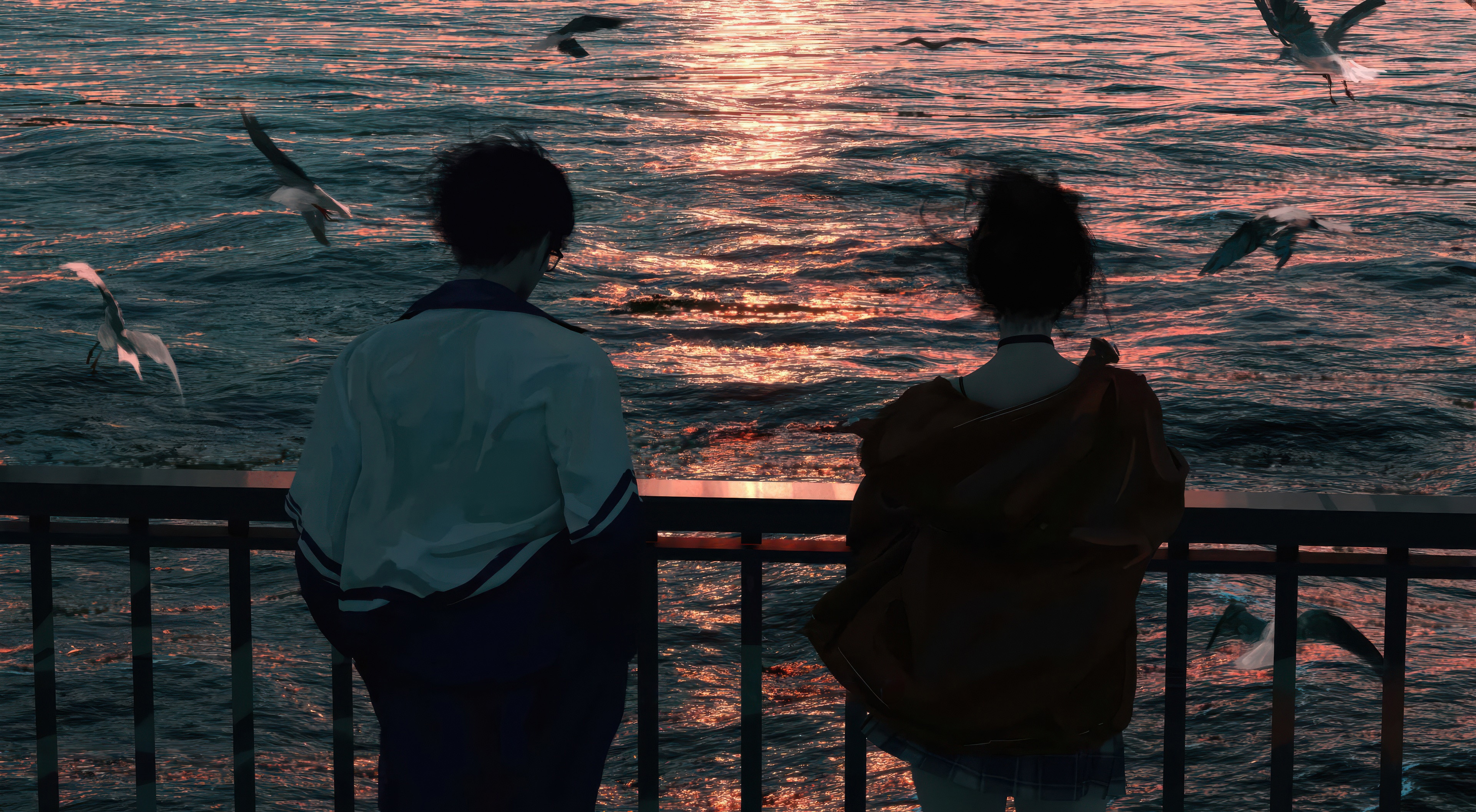 Two people watching seagulls at sunset HD Wallpaper