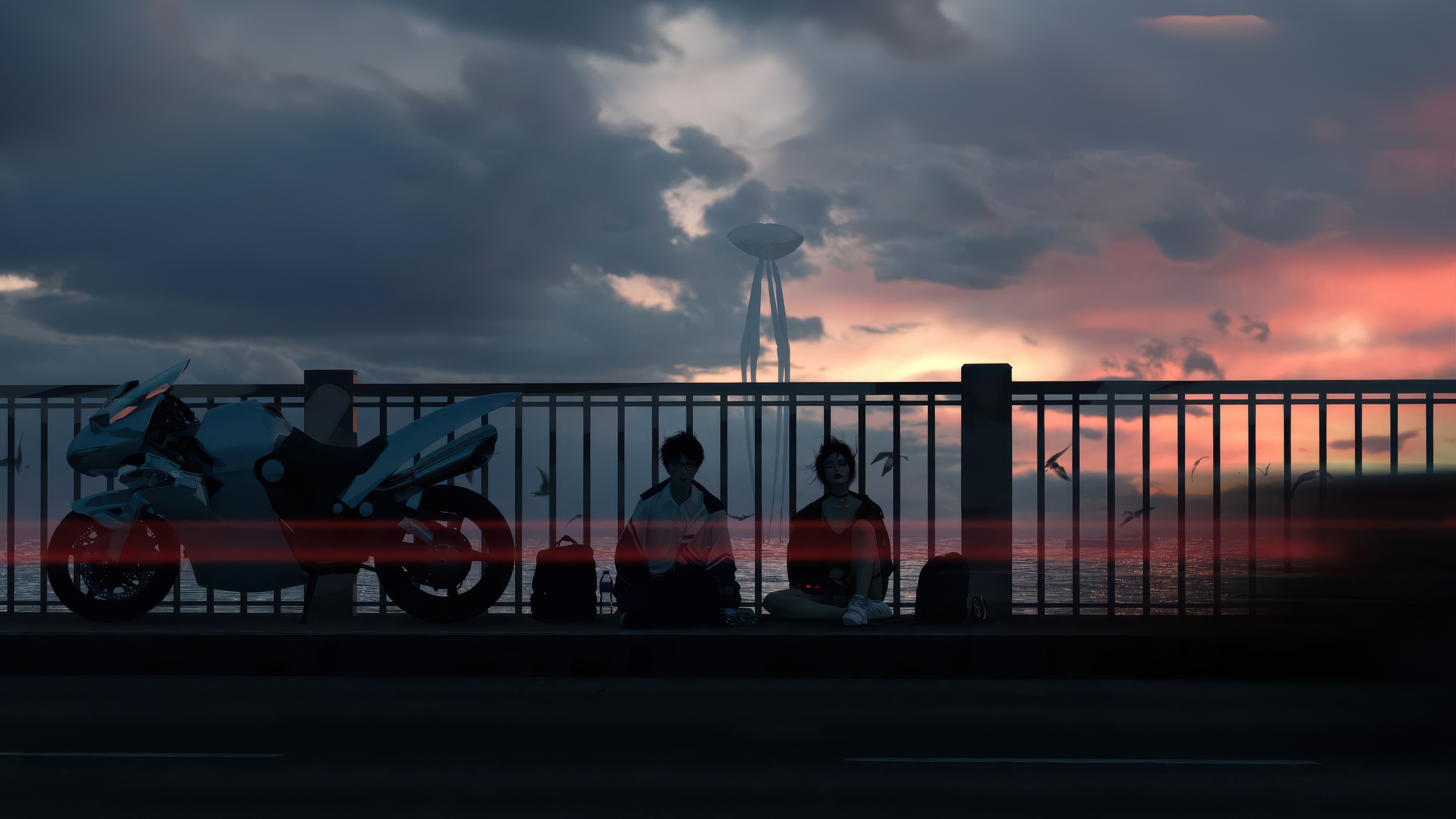 Two people and a motorcycle on a bridge at sunset HD Wallpaper
