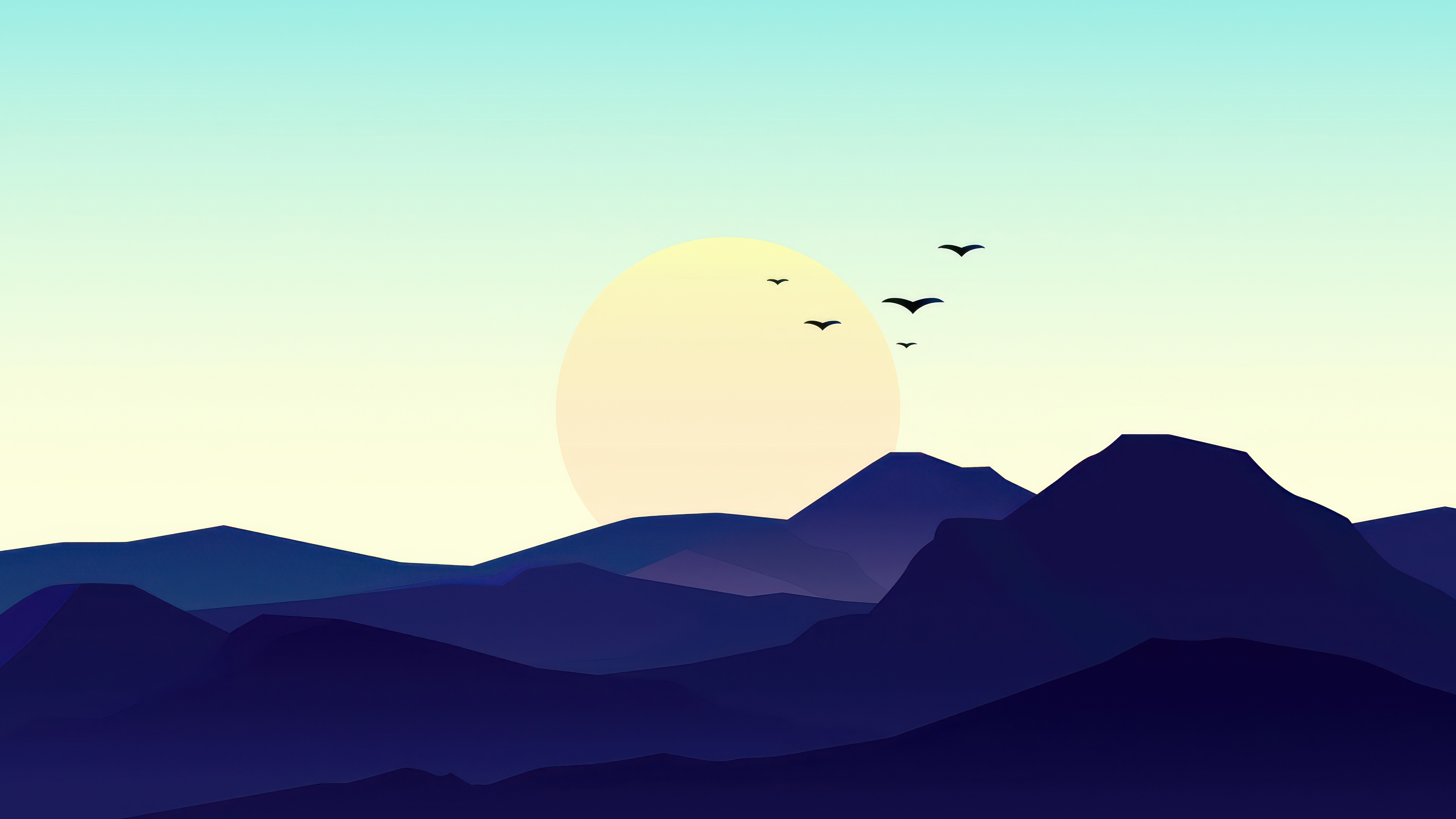 Minimalist landscape with birds flying towards the sun HD Wallpaper