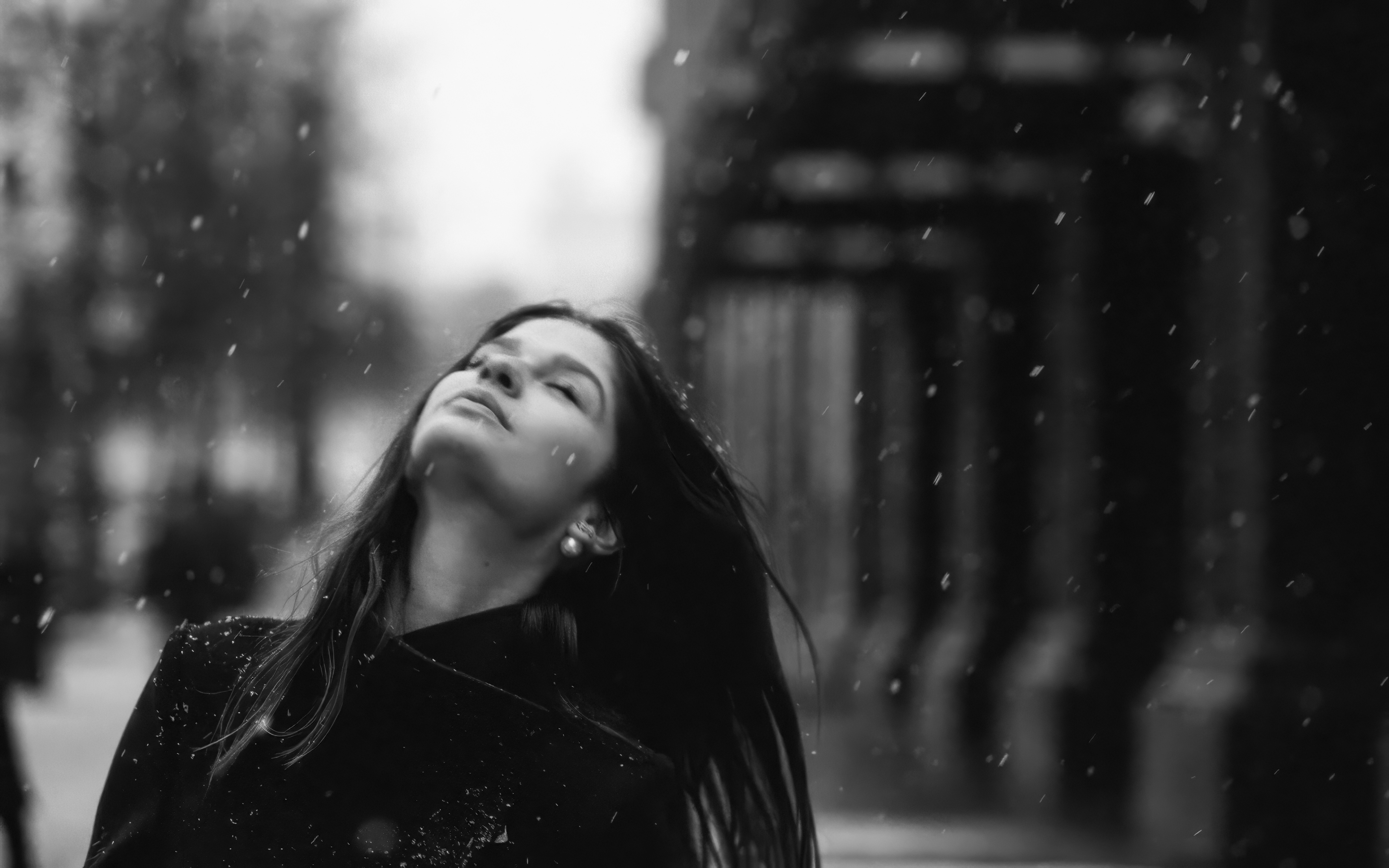Monochrome girl in snow with eyes closed HD Wallpaper