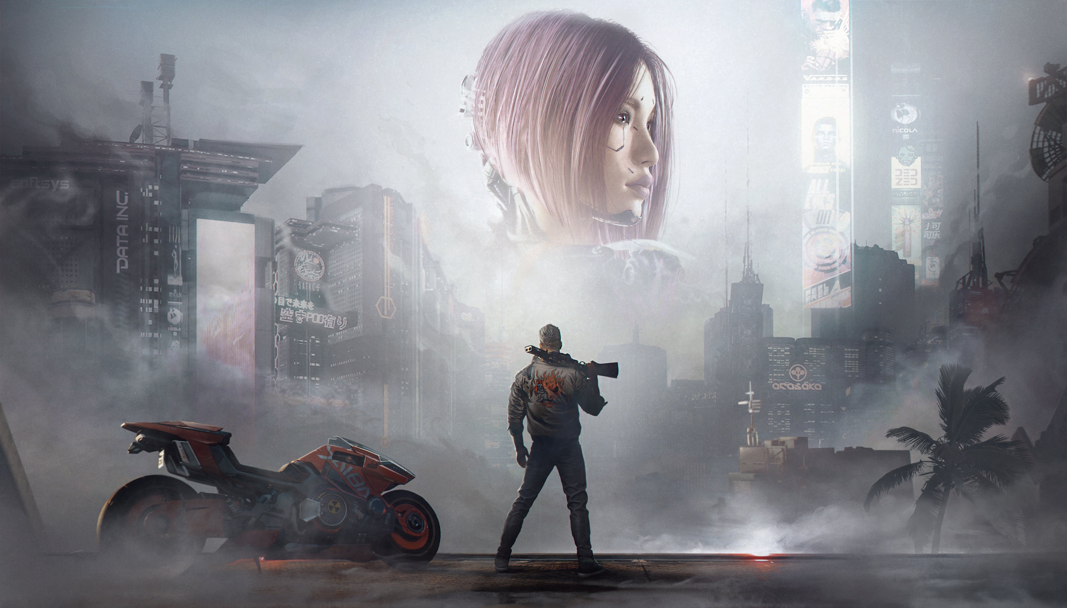 Cyberpunk 2077: A lone figure stands before a giant digital face HD Wallpaper