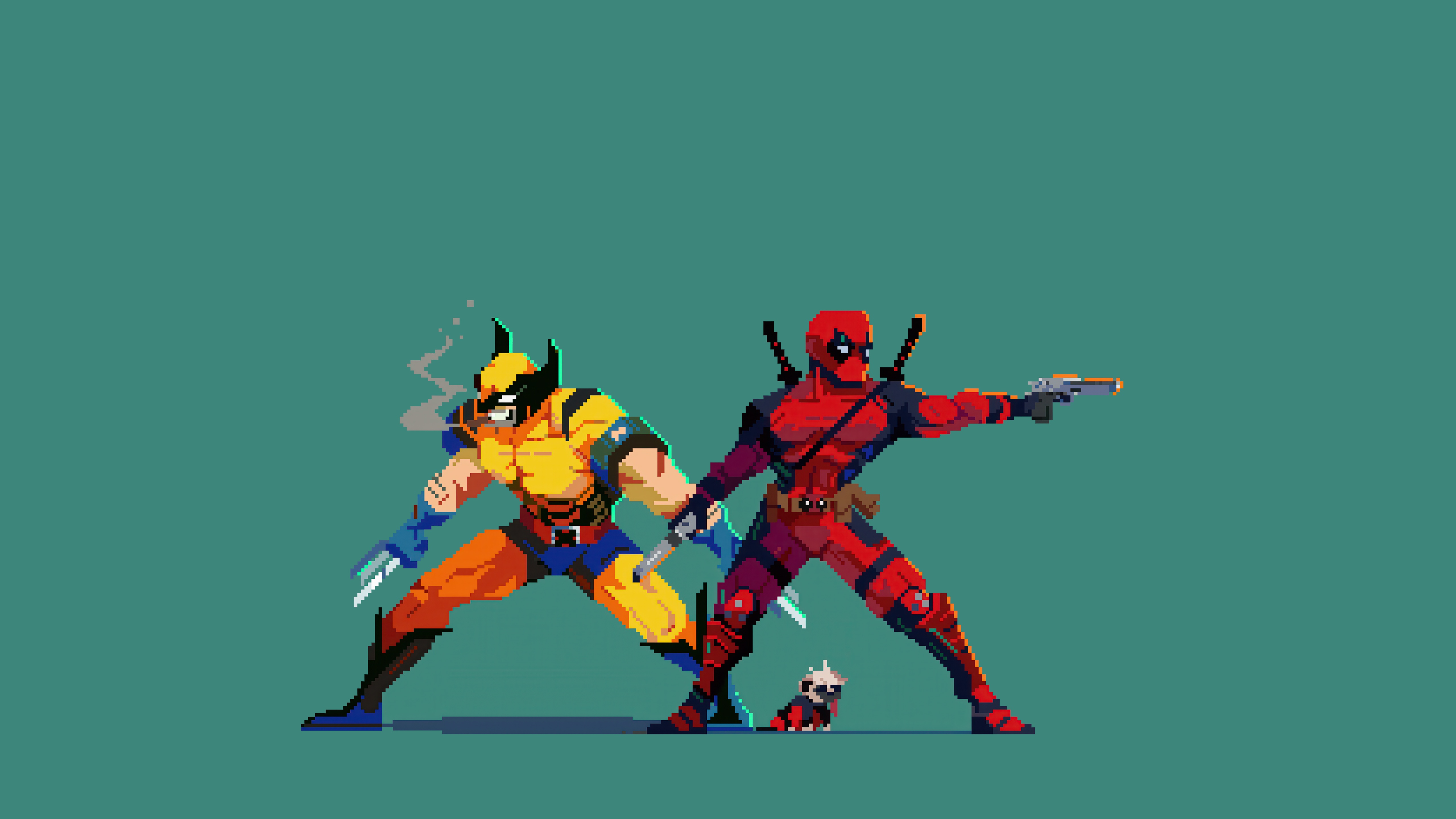Pixel Art Wolverine and Deadpool with Dog HD Wallpaper