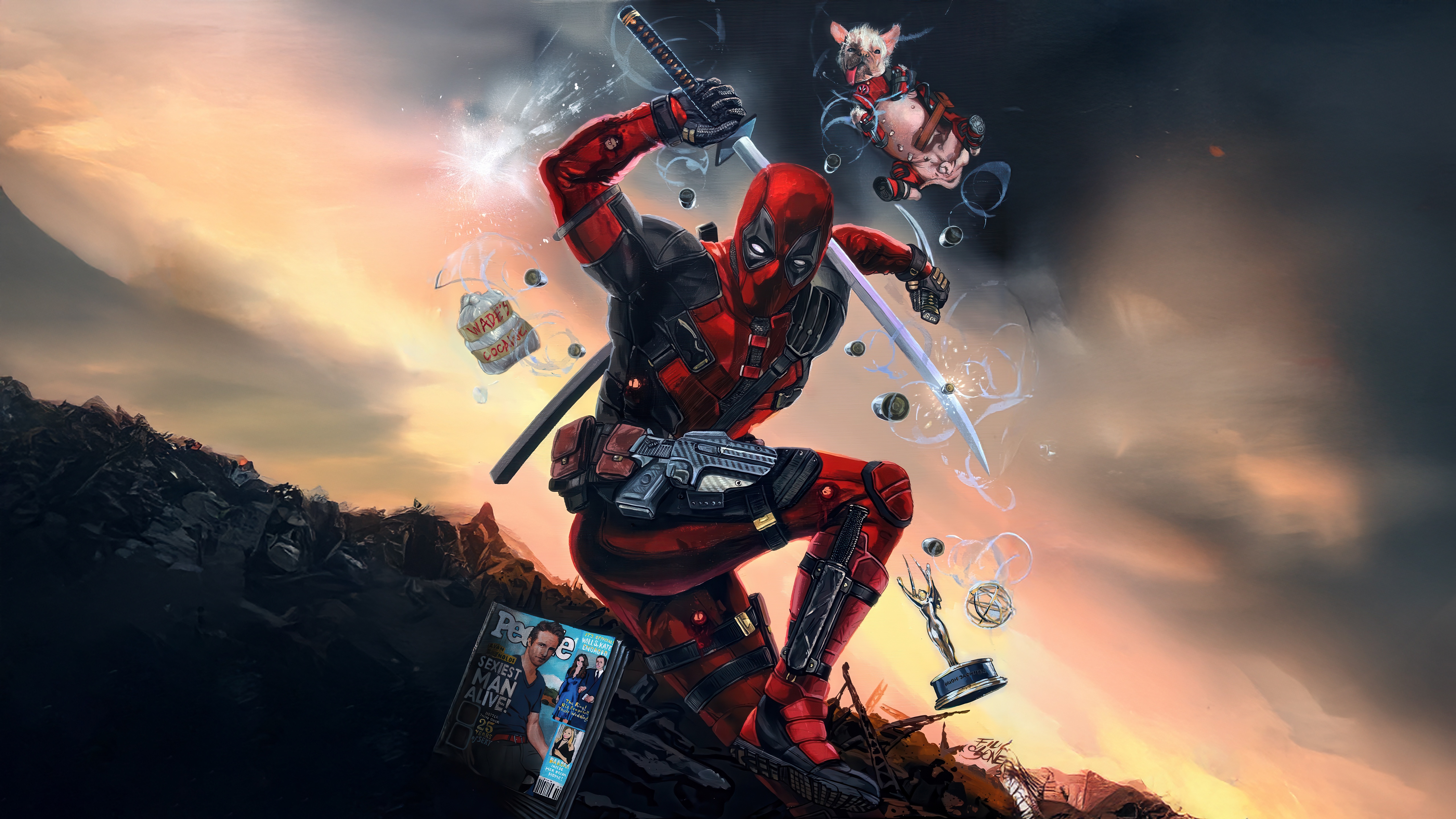 Deadpool with swords and a pig HD Wallpaper