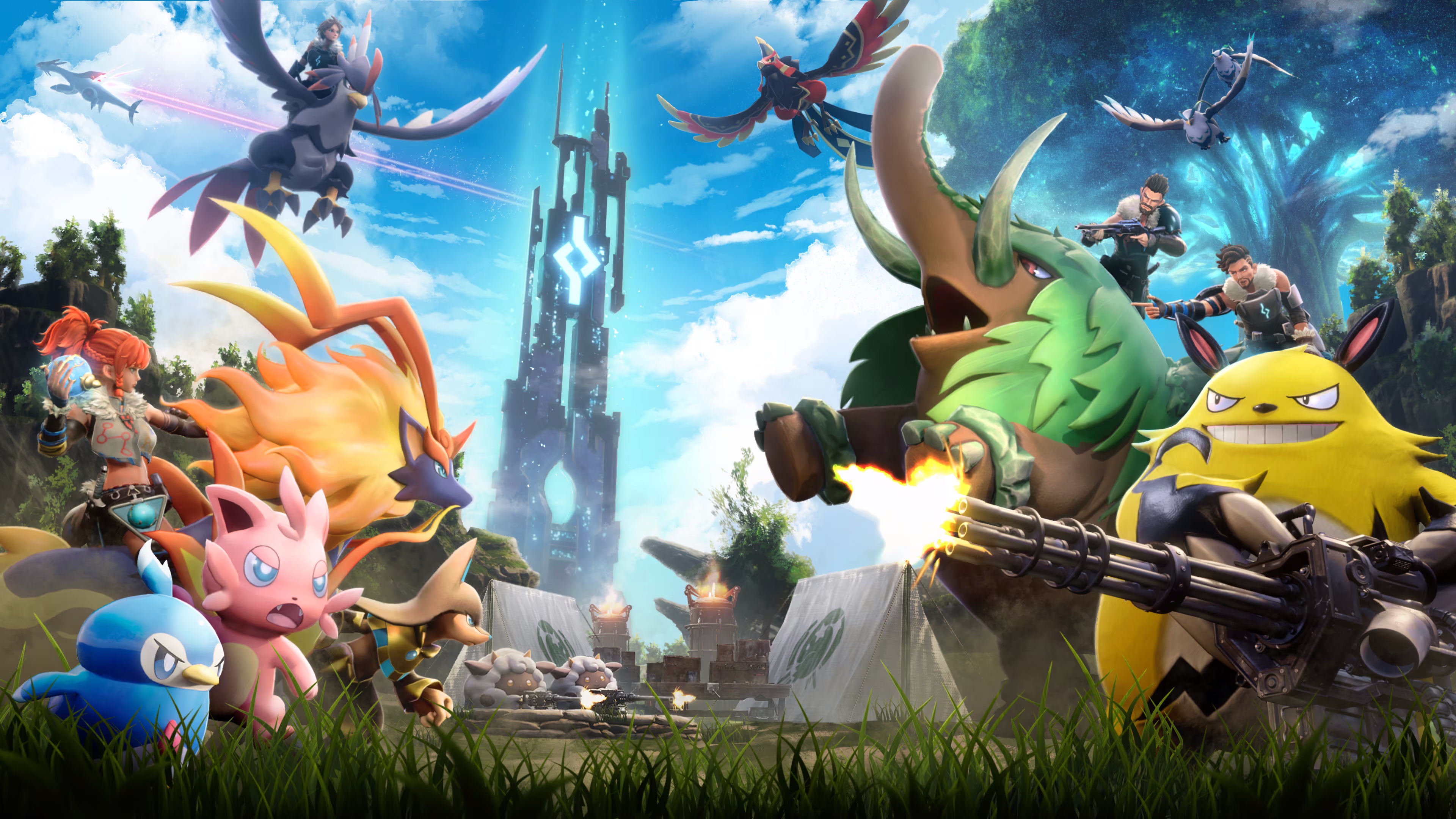 Palworld characters and creatures in a battle scene HD Wallpaper