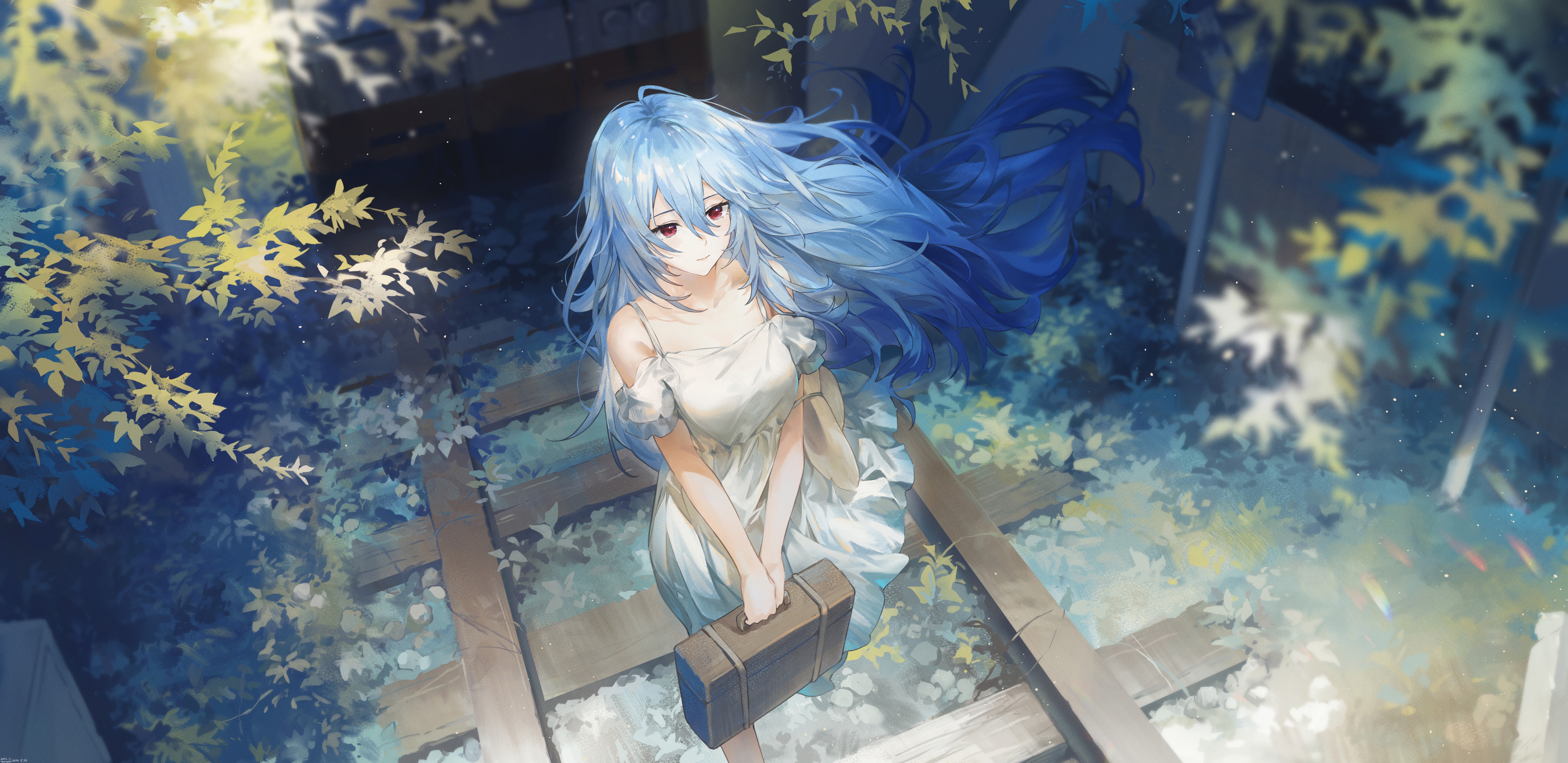 Anime girl with blue hair holding a suitcase on train tracks HD Wallpaper