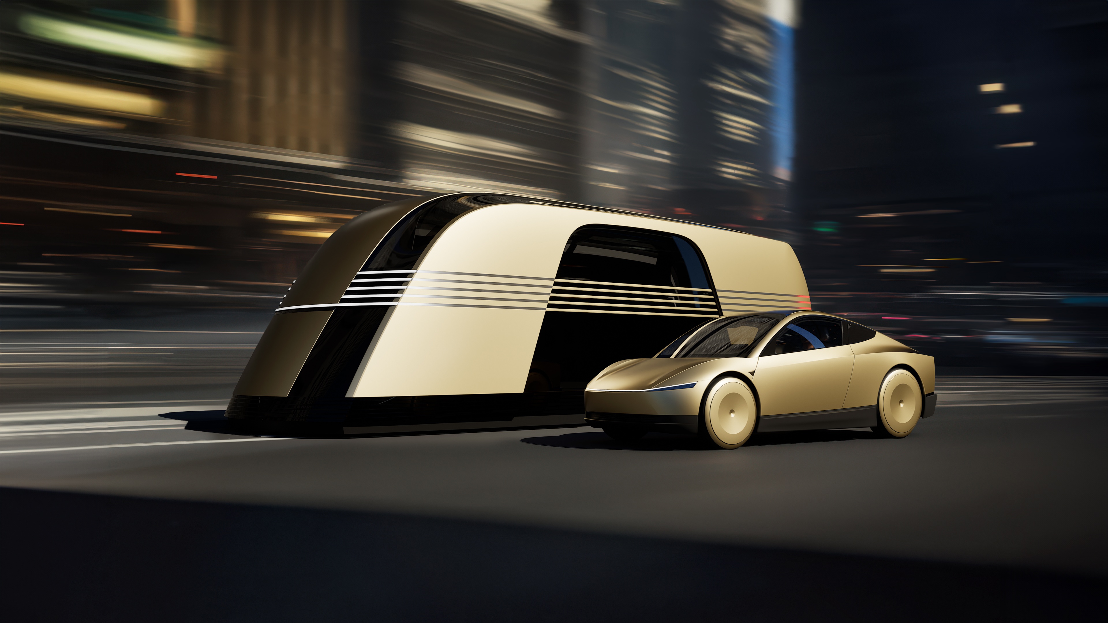 Tesla Robotaxi X Robovan on a city street HD Wallpaper