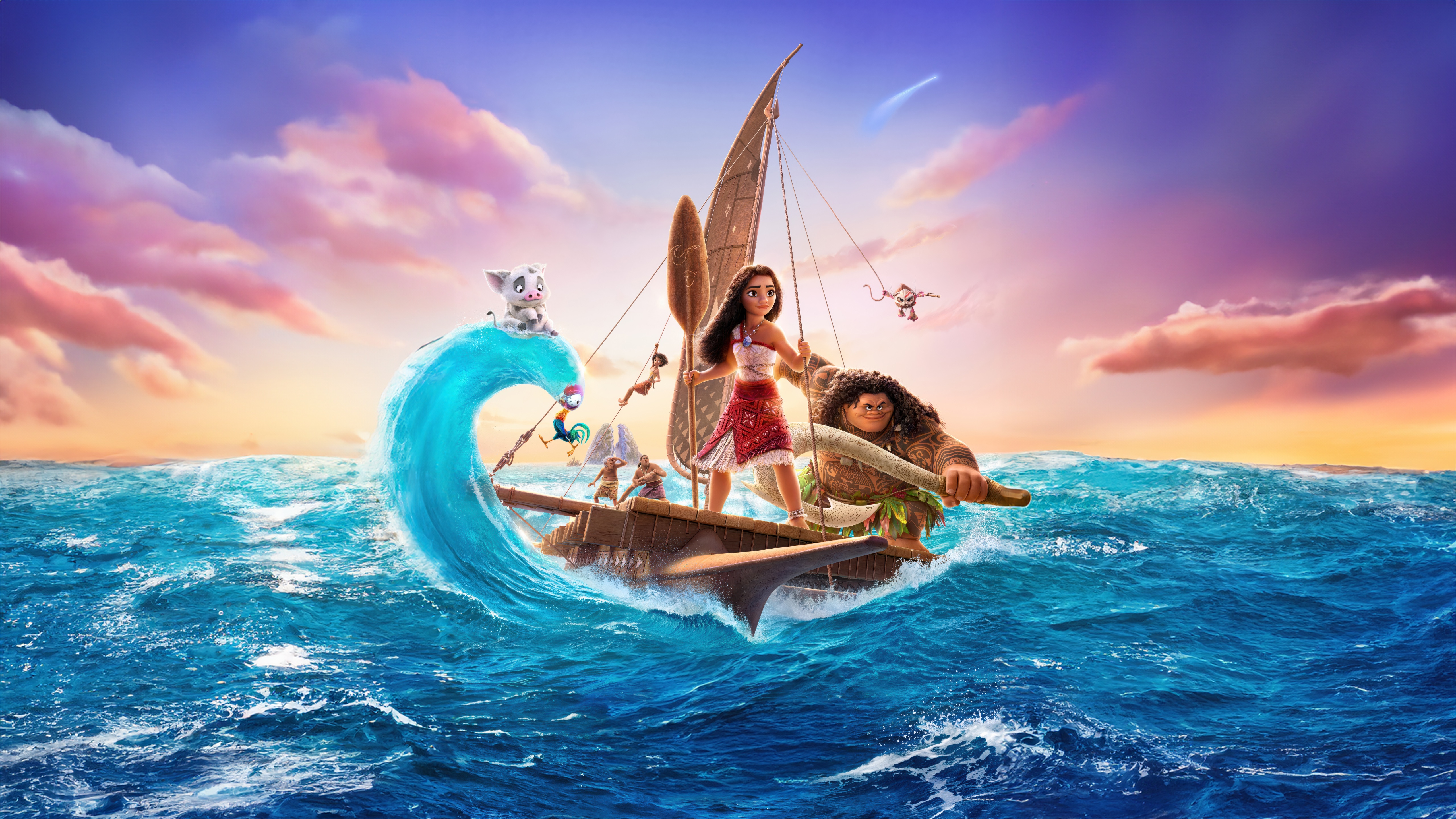 Moana and friends on a boat in the ocean HD Wallpaper