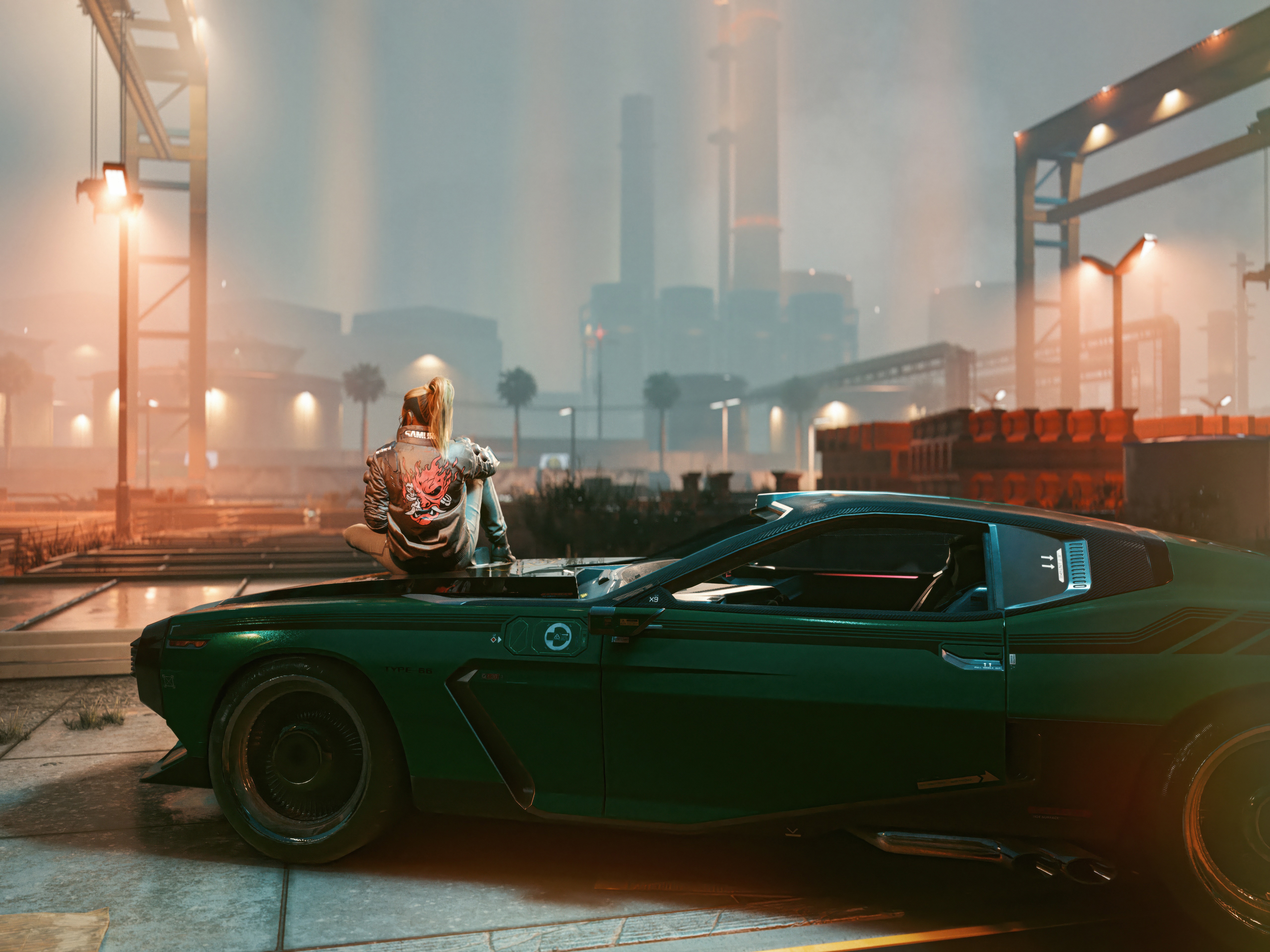Cyberpunk 2077: Woman on a car in industrial area HD Wallpaper