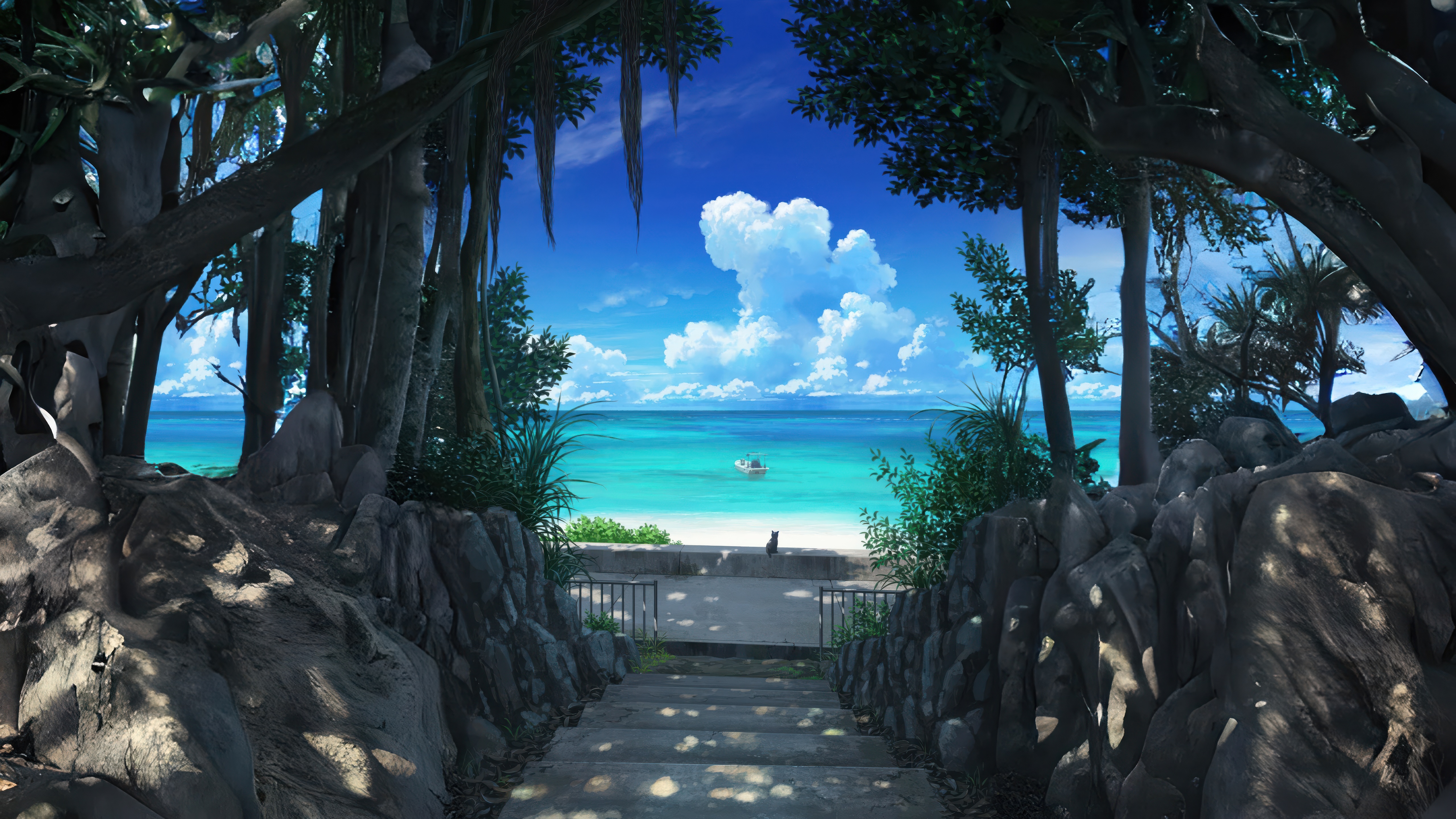 Cat watching the ocean from a beach HD Wallpaper