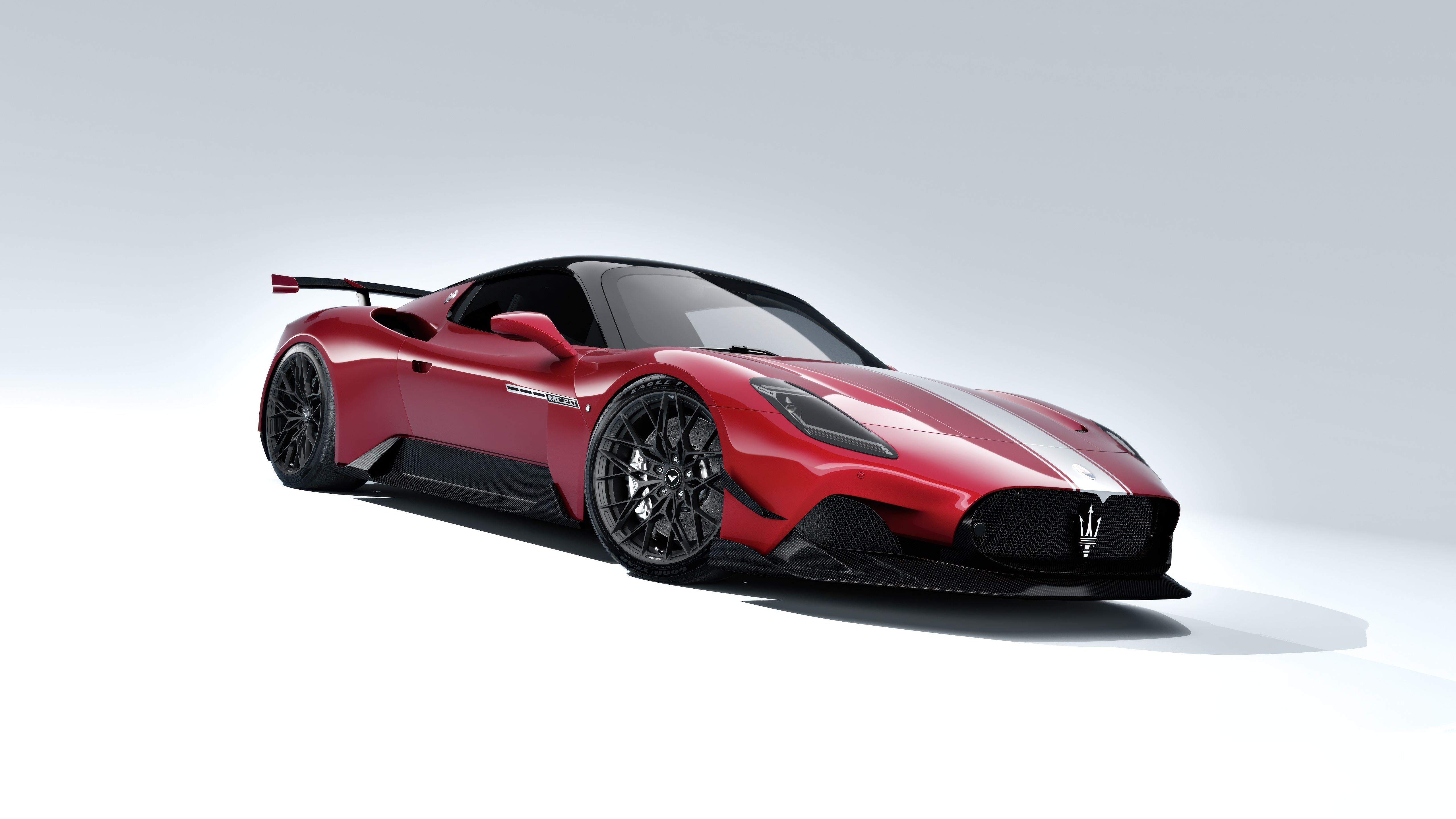 Red Maserati MC20 with White Stripes HD Wallpaper