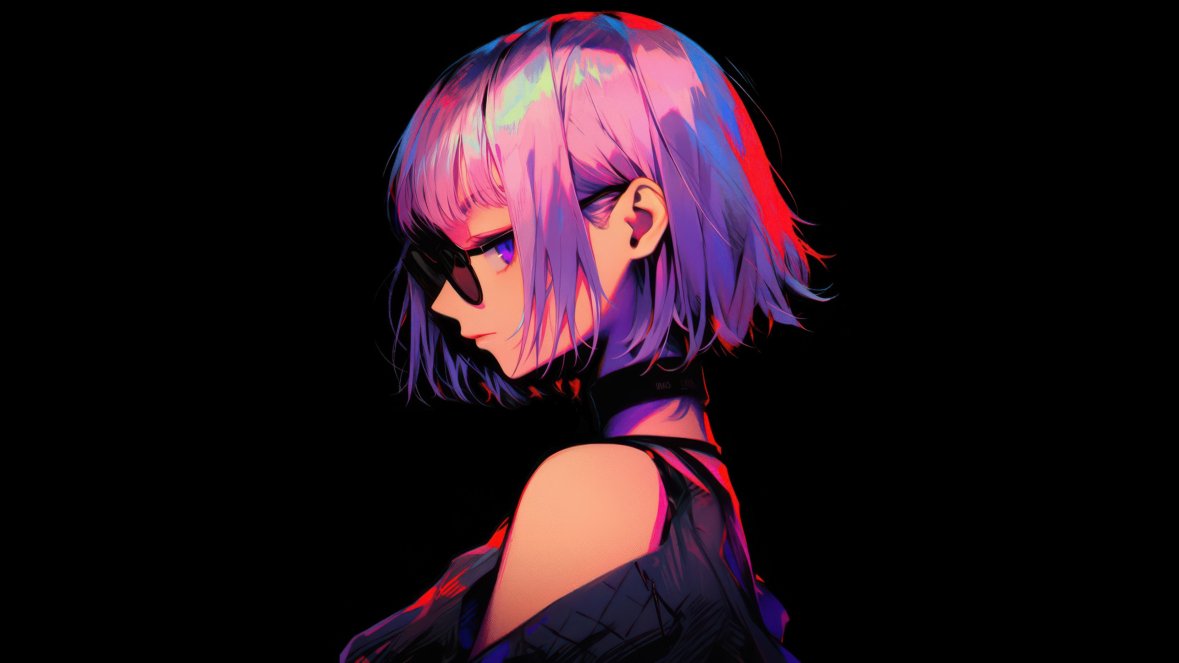Anime girl with short purple hair and sunglasses HD Wallpaper