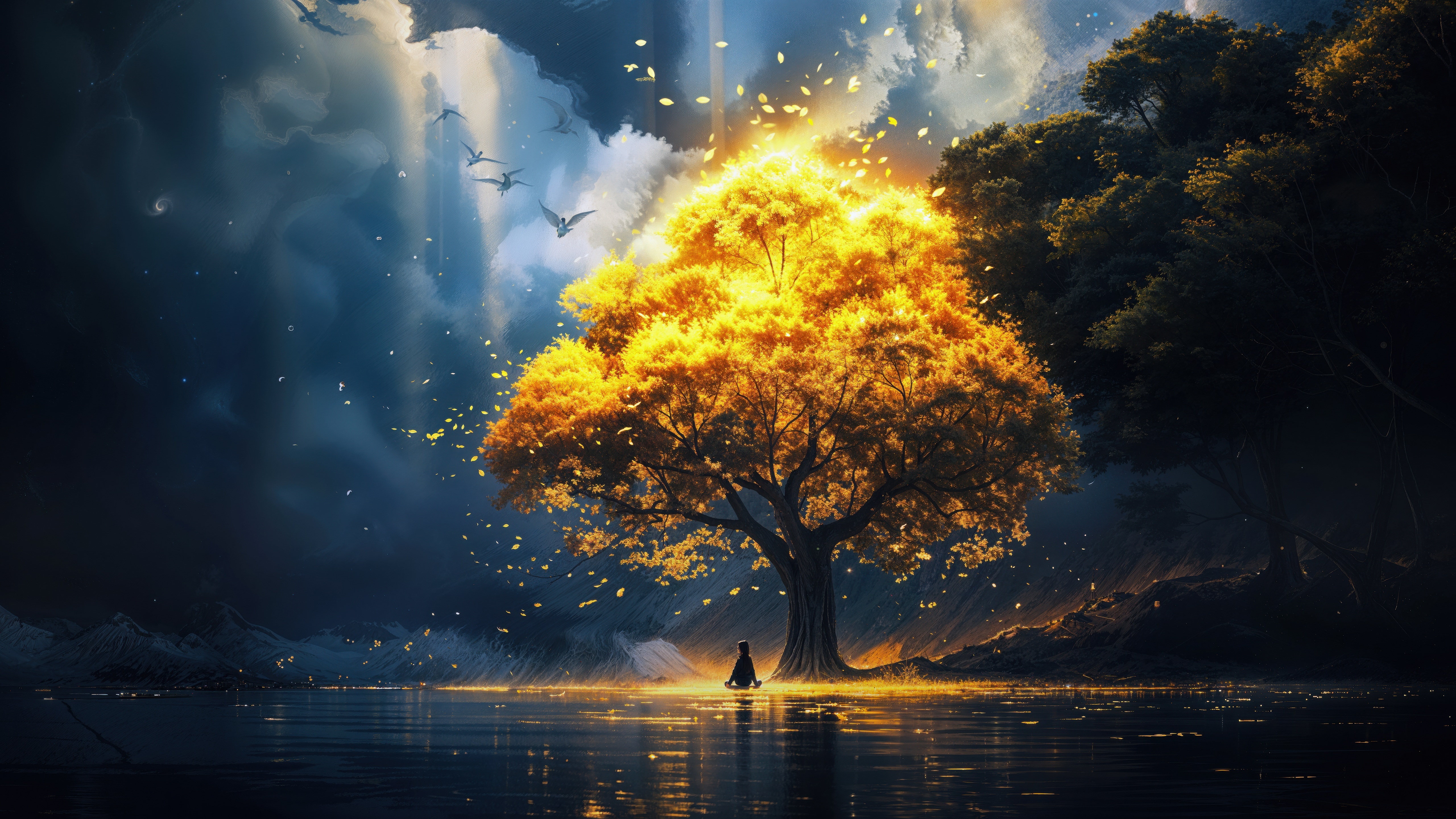 Golden Tree by the Water with a Meditating Figure HD Wallpaper