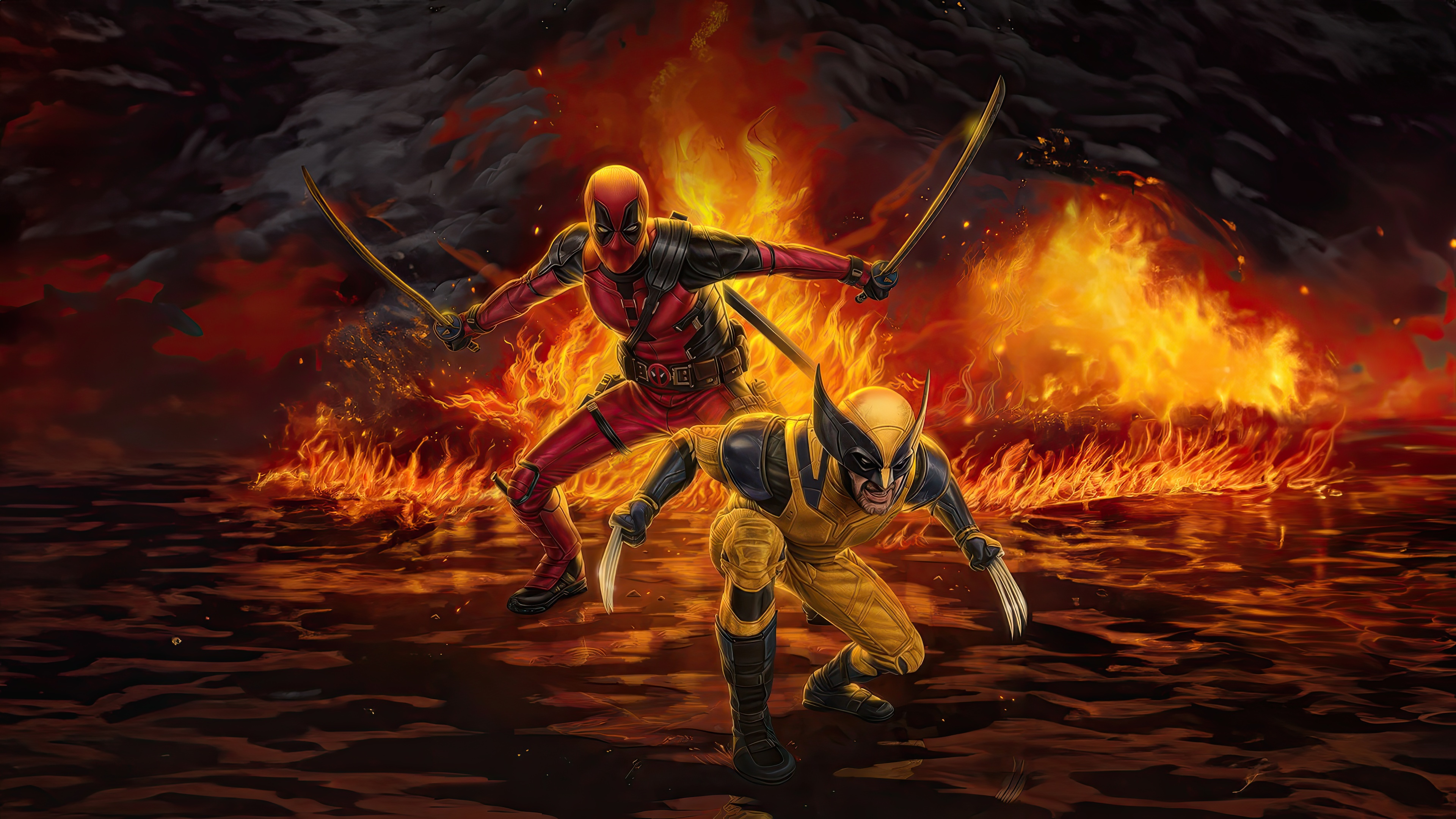 Deadpool and Wolverine in front of fire HD Wallpaper