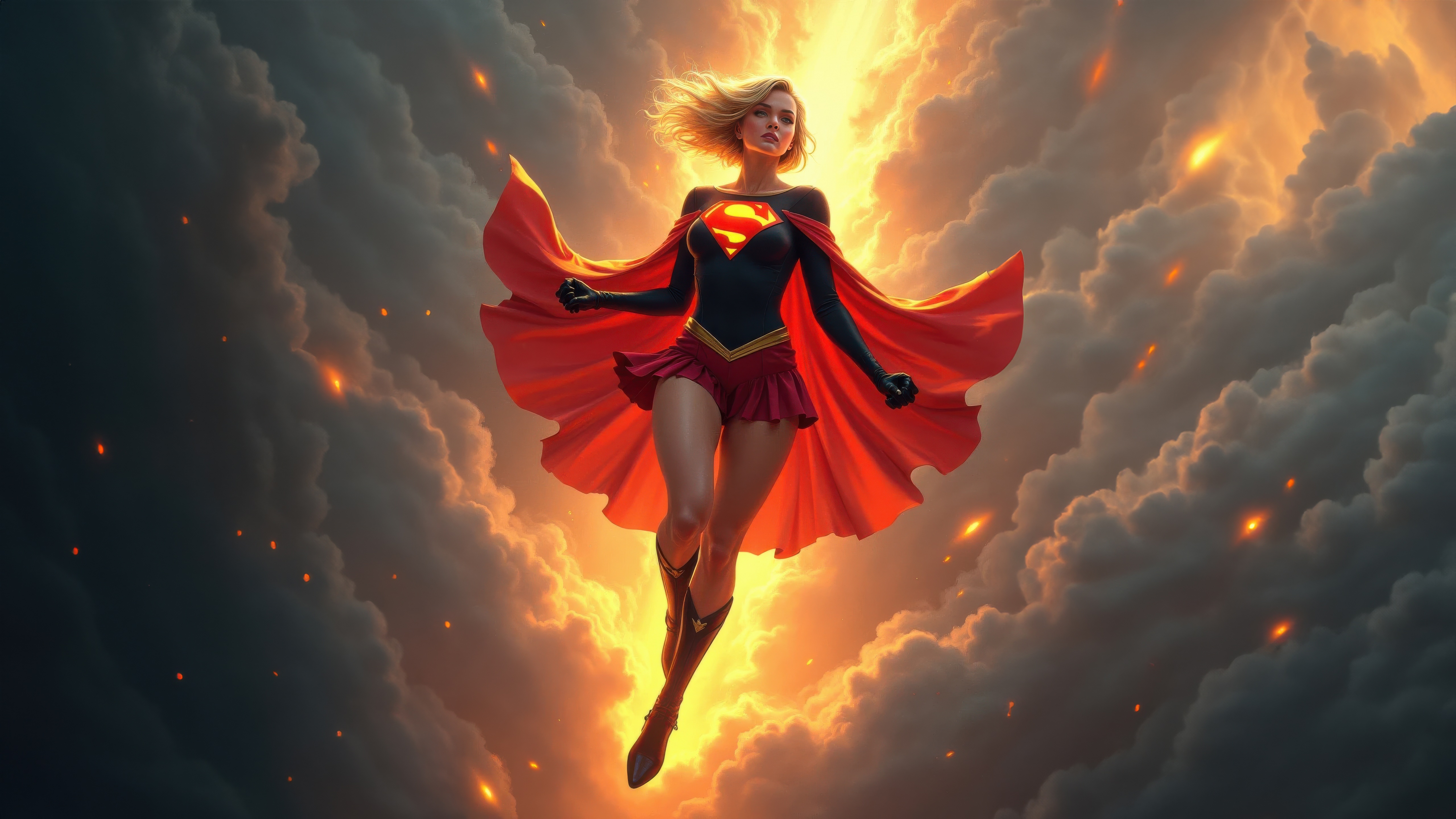 Supergirl flying through stormy skies with fire HD Wallpaper