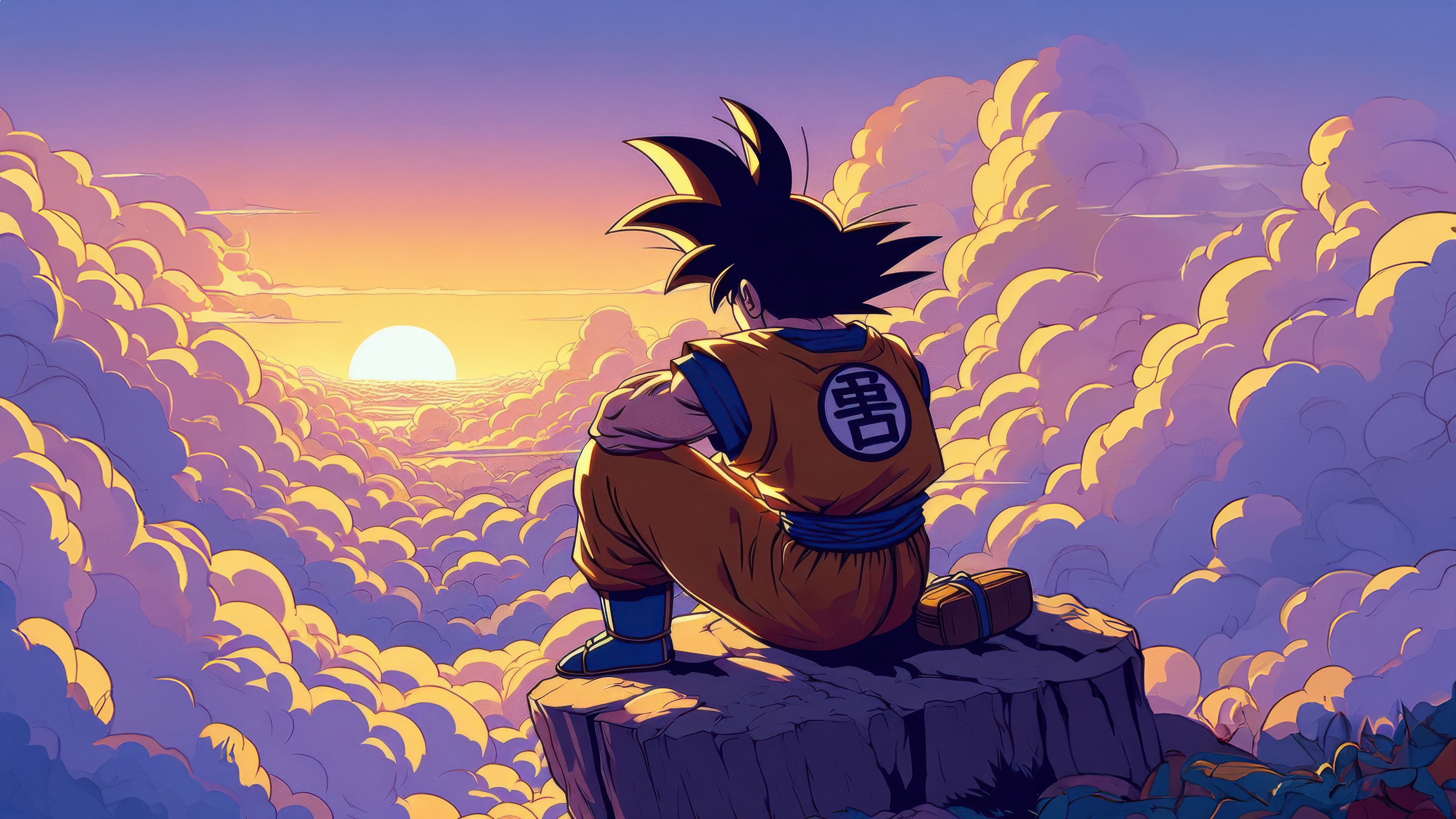 Goku Sitting on a Cliff Overlooking Clouds at Sunset HD Wallpaper