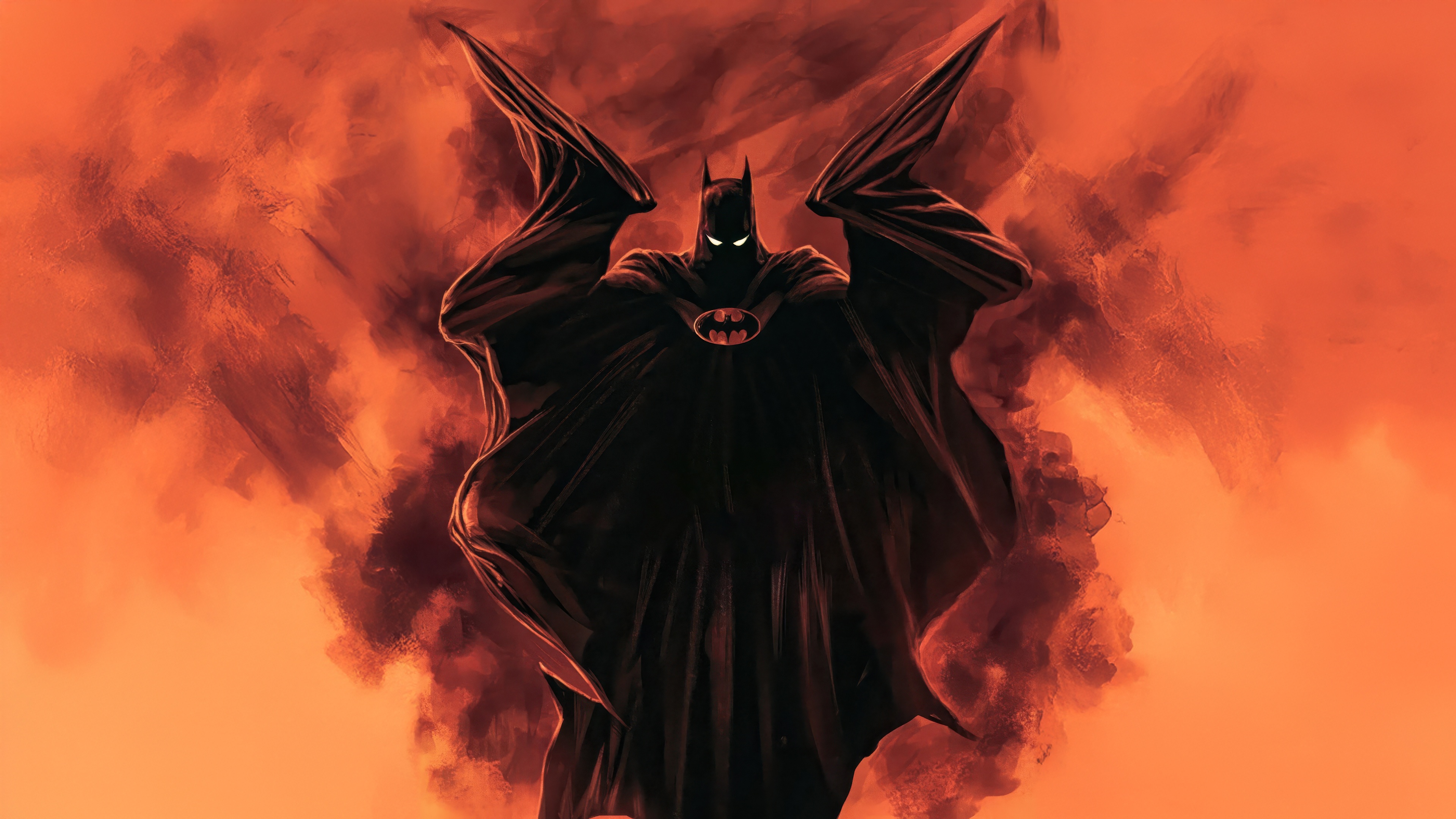 Batman with cape spread wide against orange smoke HD Wallpaper