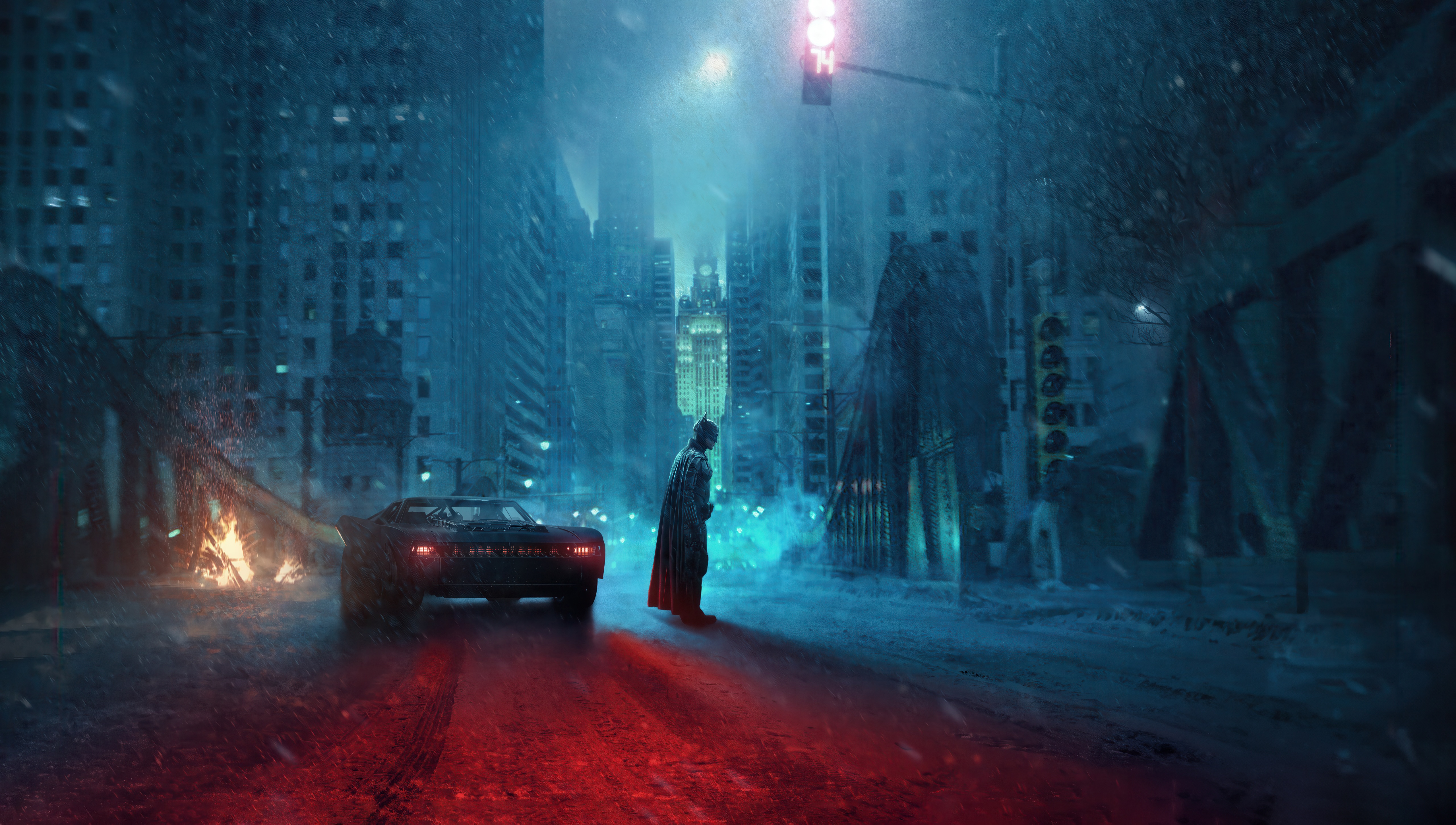 The Batman in a snowy, post-apocalyptic city HD Wallpaper
