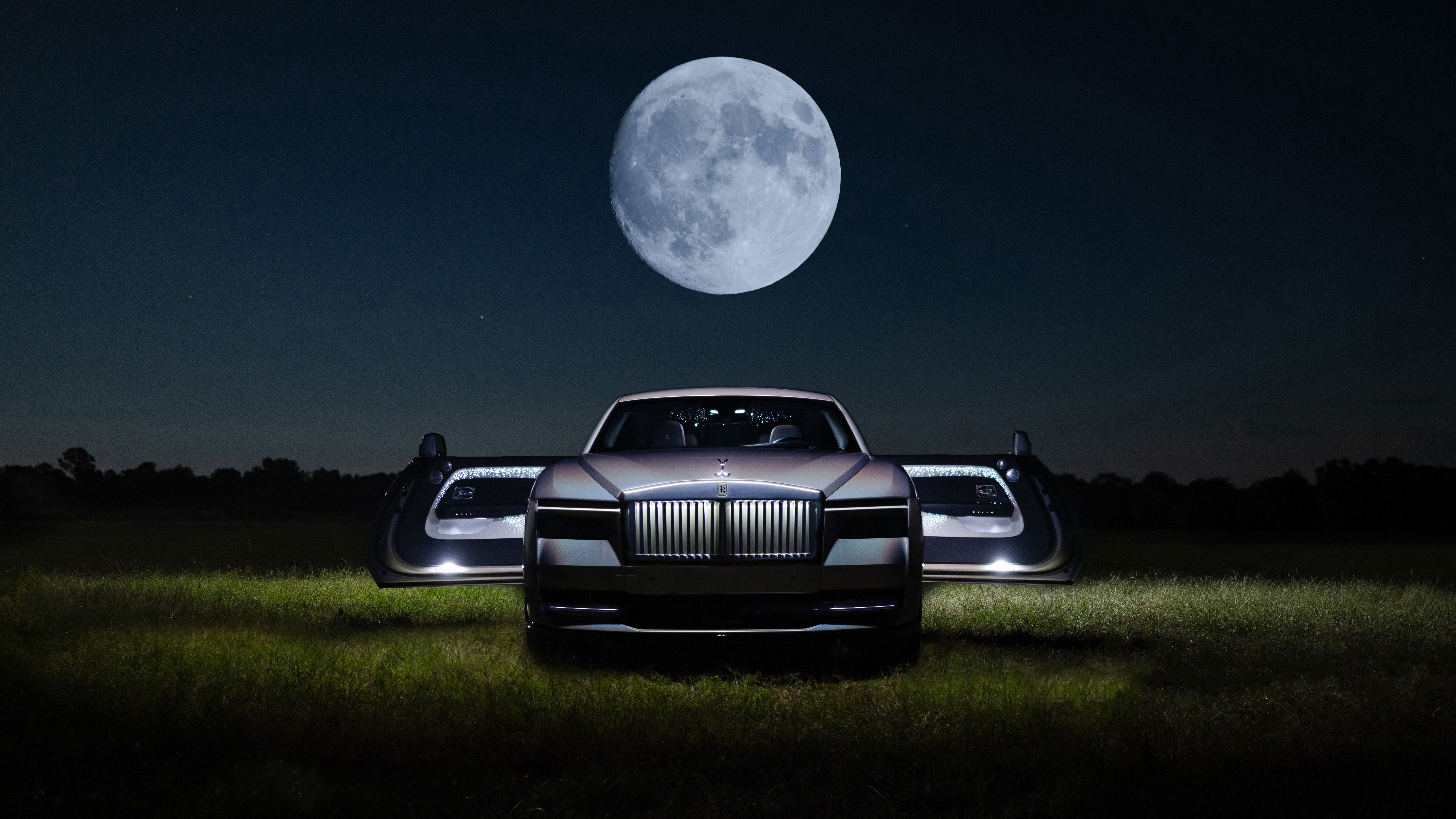 Rolls Royce Spectre with doors open under the moon HD Wallpaper