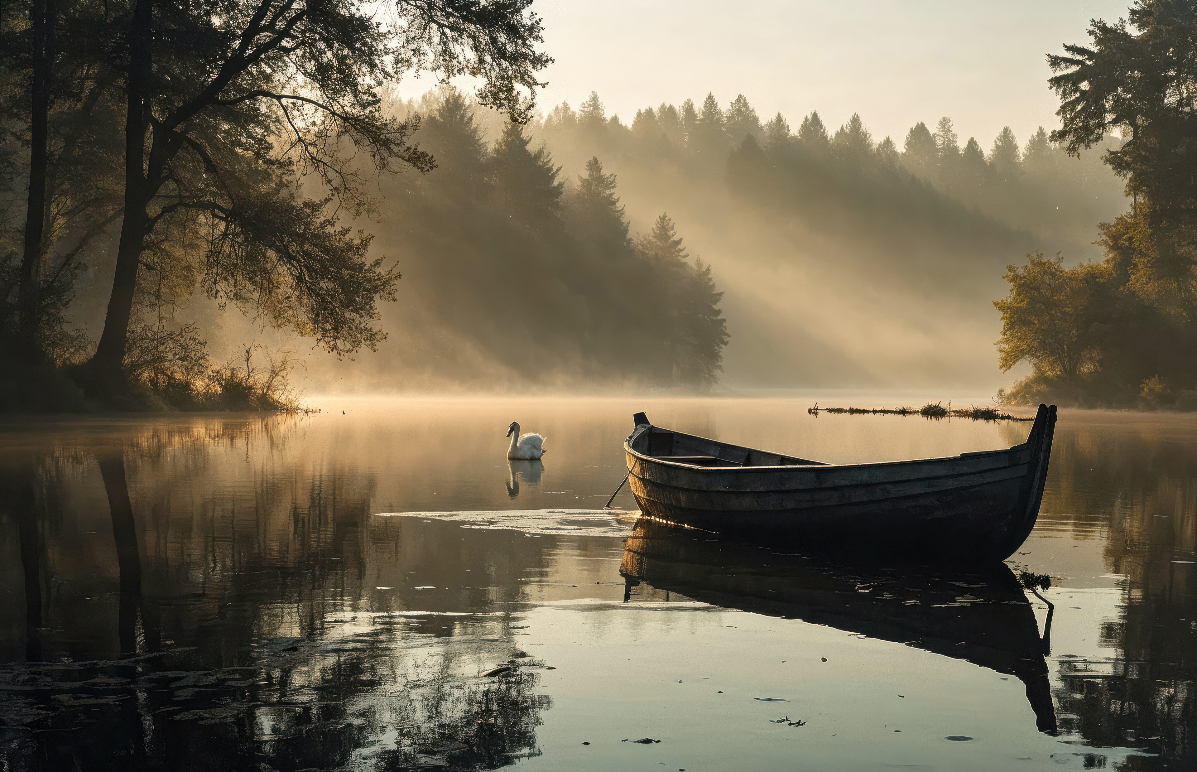 Boat and swan on a misty lake at dawn HD Wallpaper