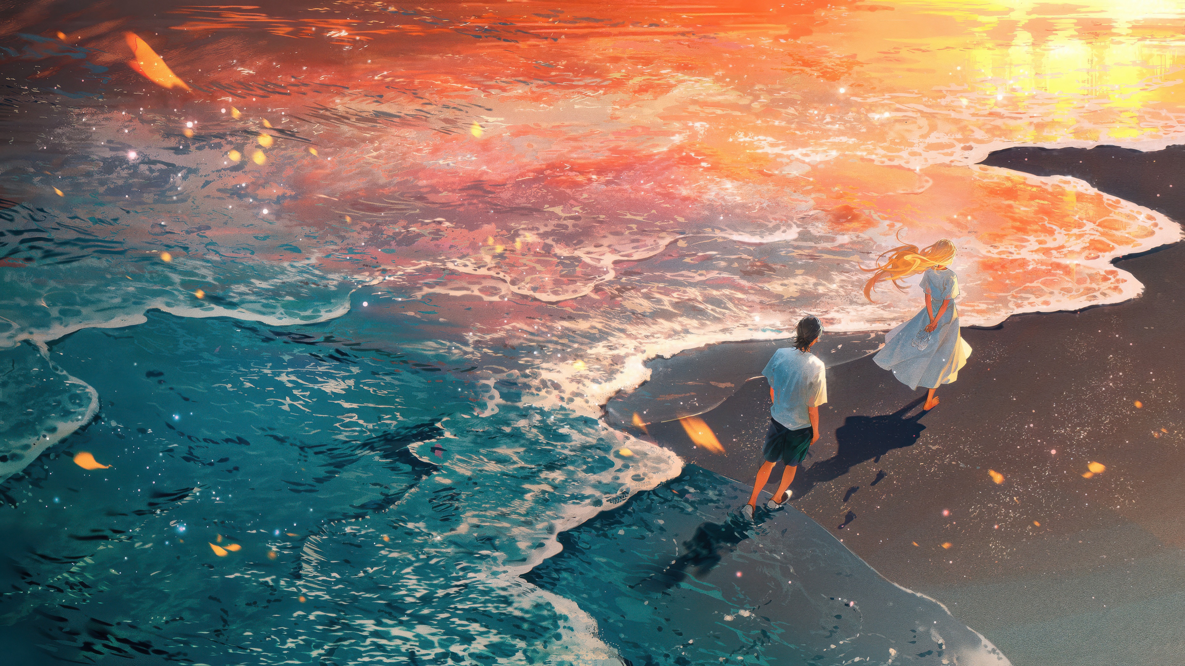Couple walking on a beach at sunset HD Wallpaper