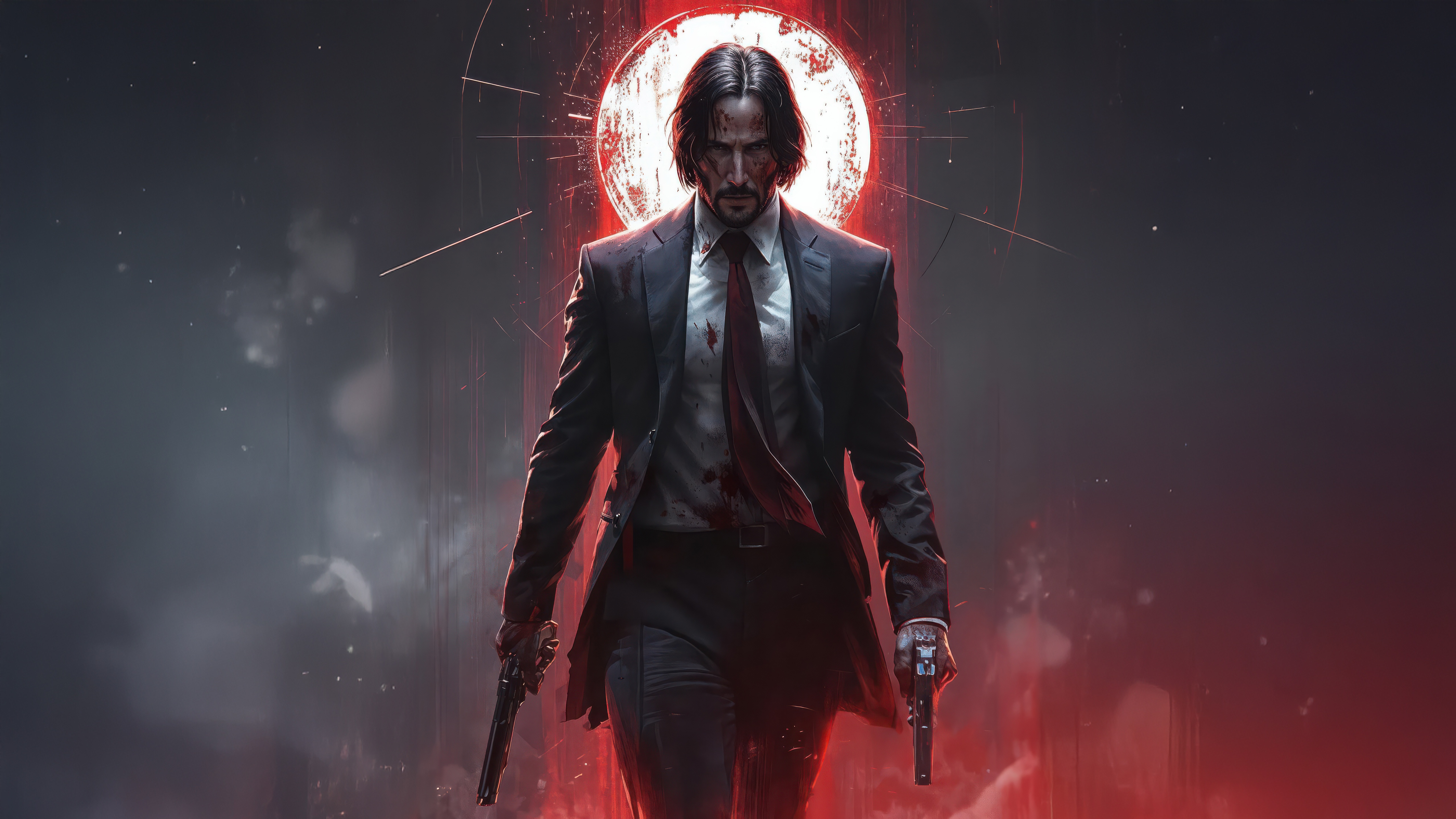 John Wick holding two pistols with a red moon behind him HD Wallpaper