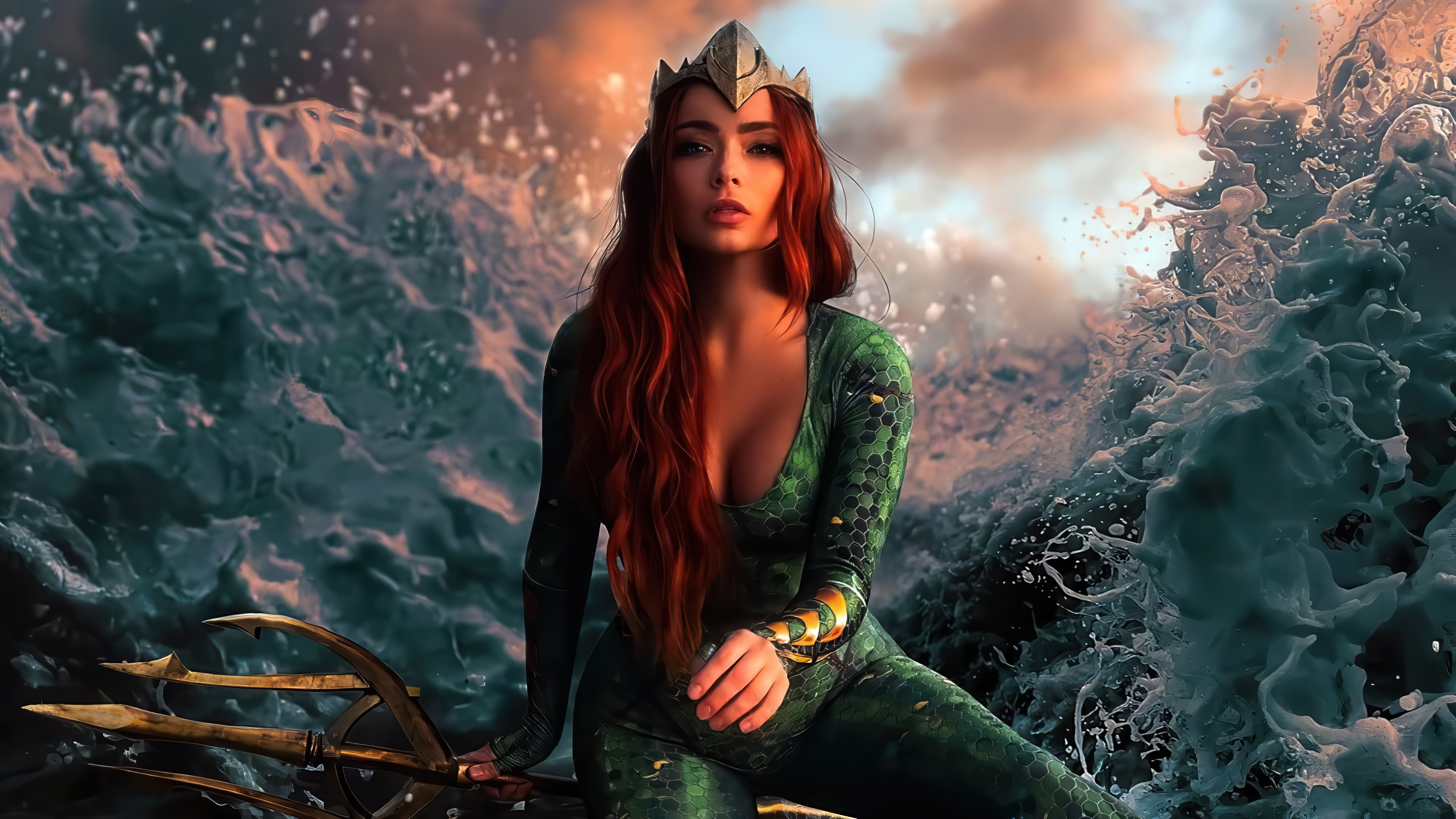 Mera from Aquaman sitting in the ocean with a trident HD Wallpaper
