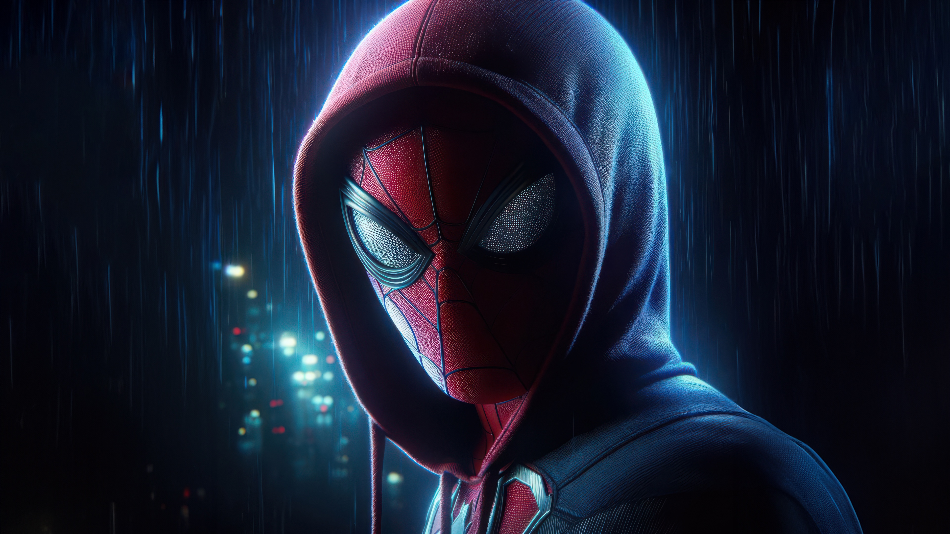 Miles Morales in a hoodie in the rain HD Wallpaper