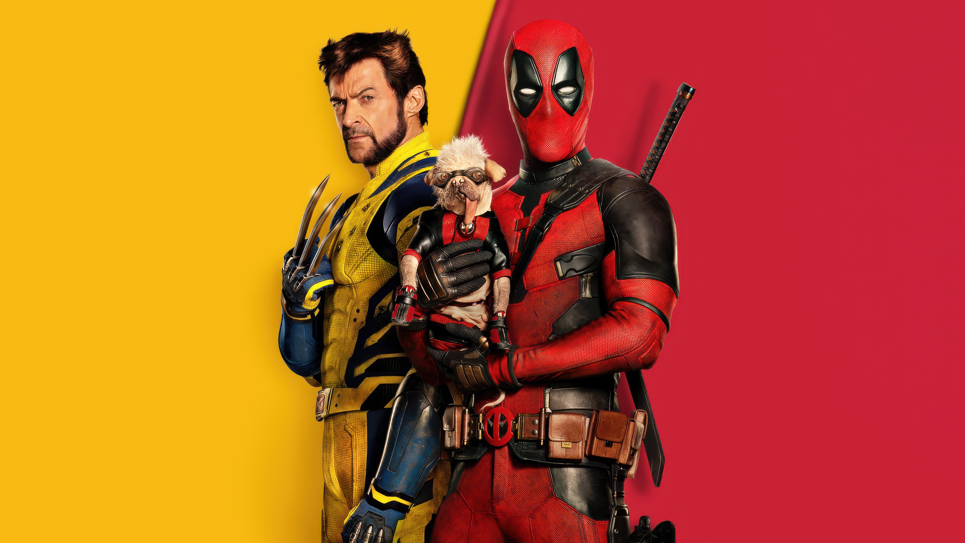 Deadpool and Wolverine holding a dog HD Wallpaper