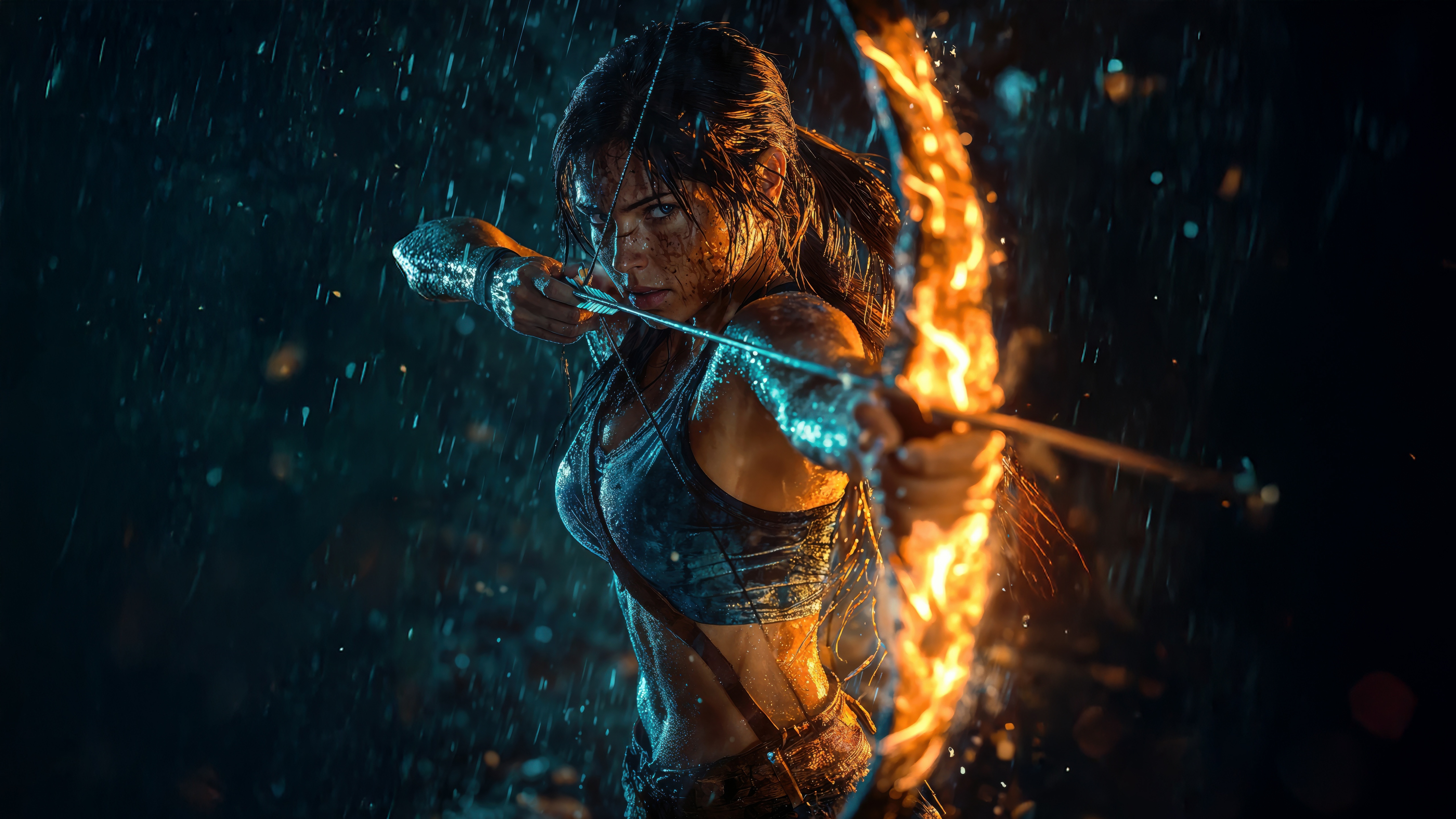 Lara Croft aiming a flaming bow and arrow in the rain HD Wallpaper