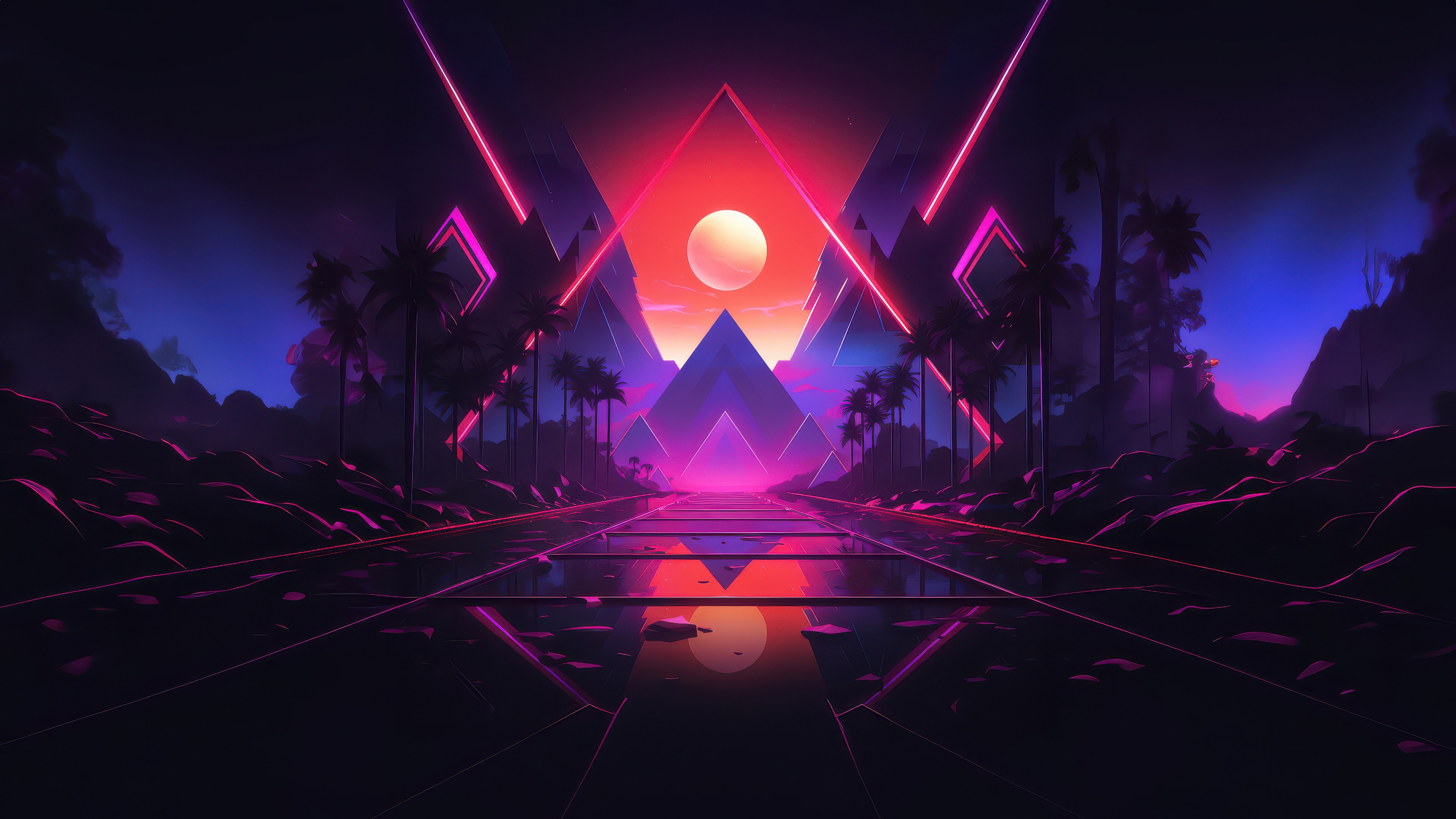 Synth Abstraction with Neon Pyramids and Palm Trees HD Wallpaper