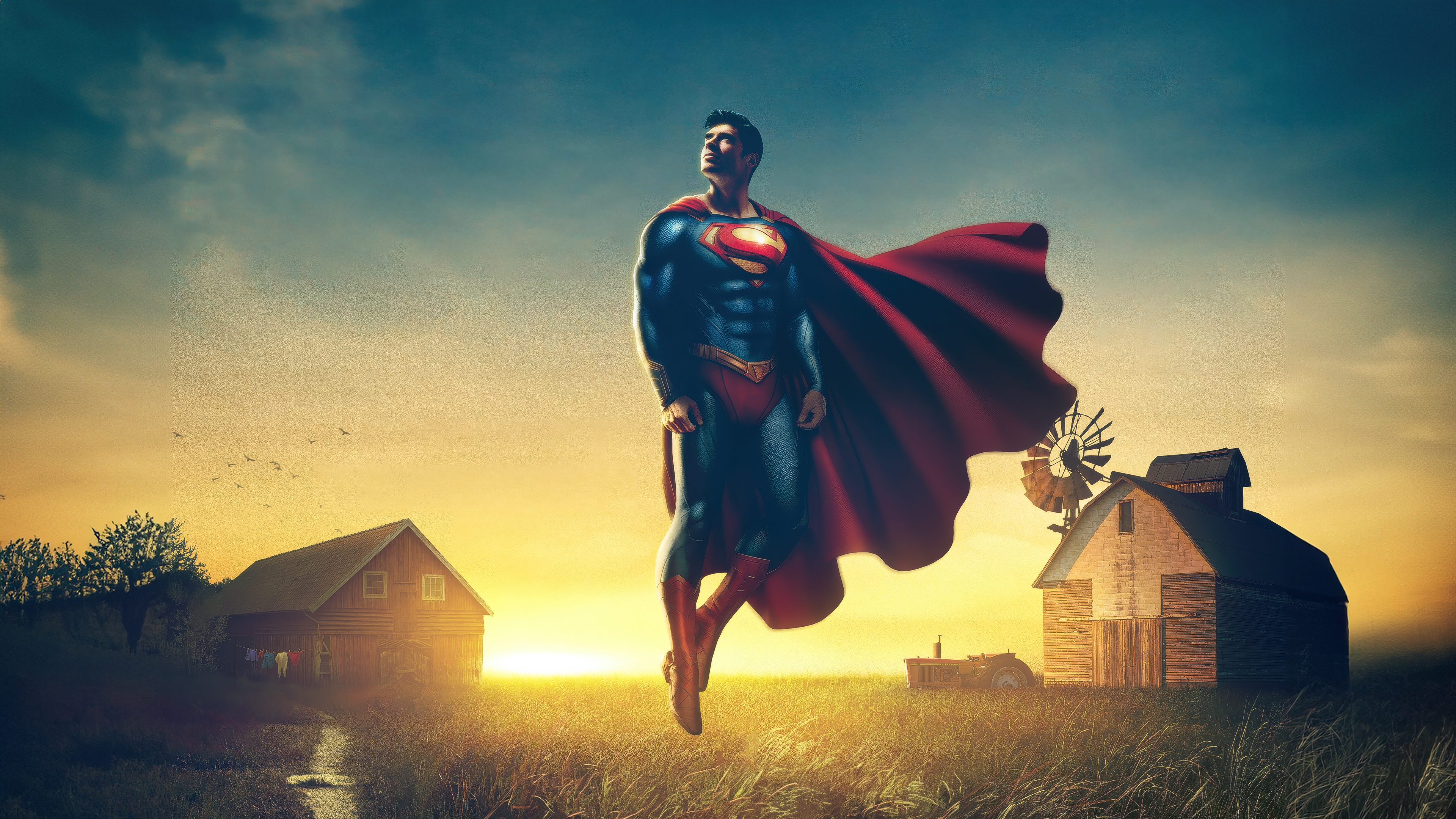 Superman flying over a farm at sunset HD Wallpaper
