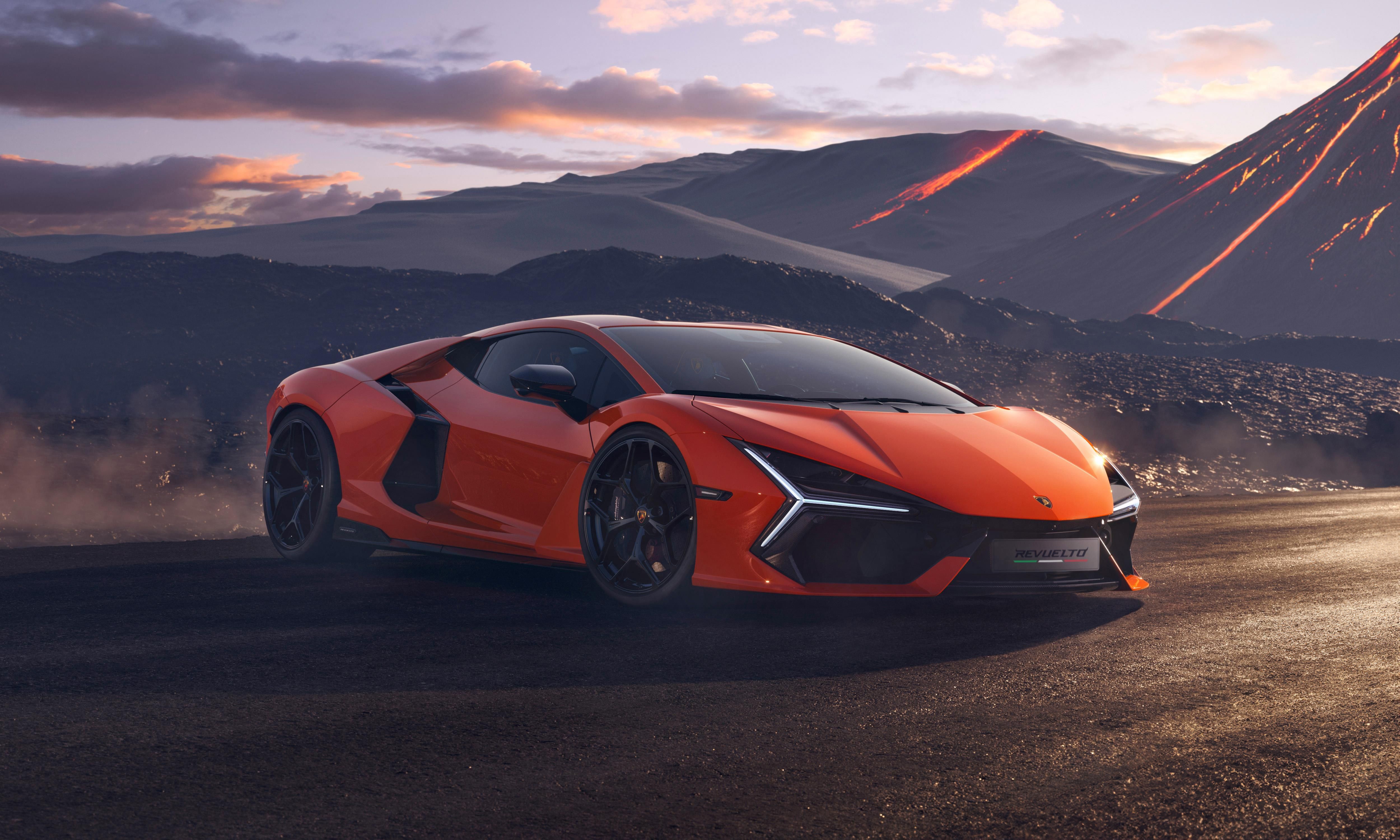 Lamborghini Revuelto 2024 in a volcanic landscape HD Wallpaper