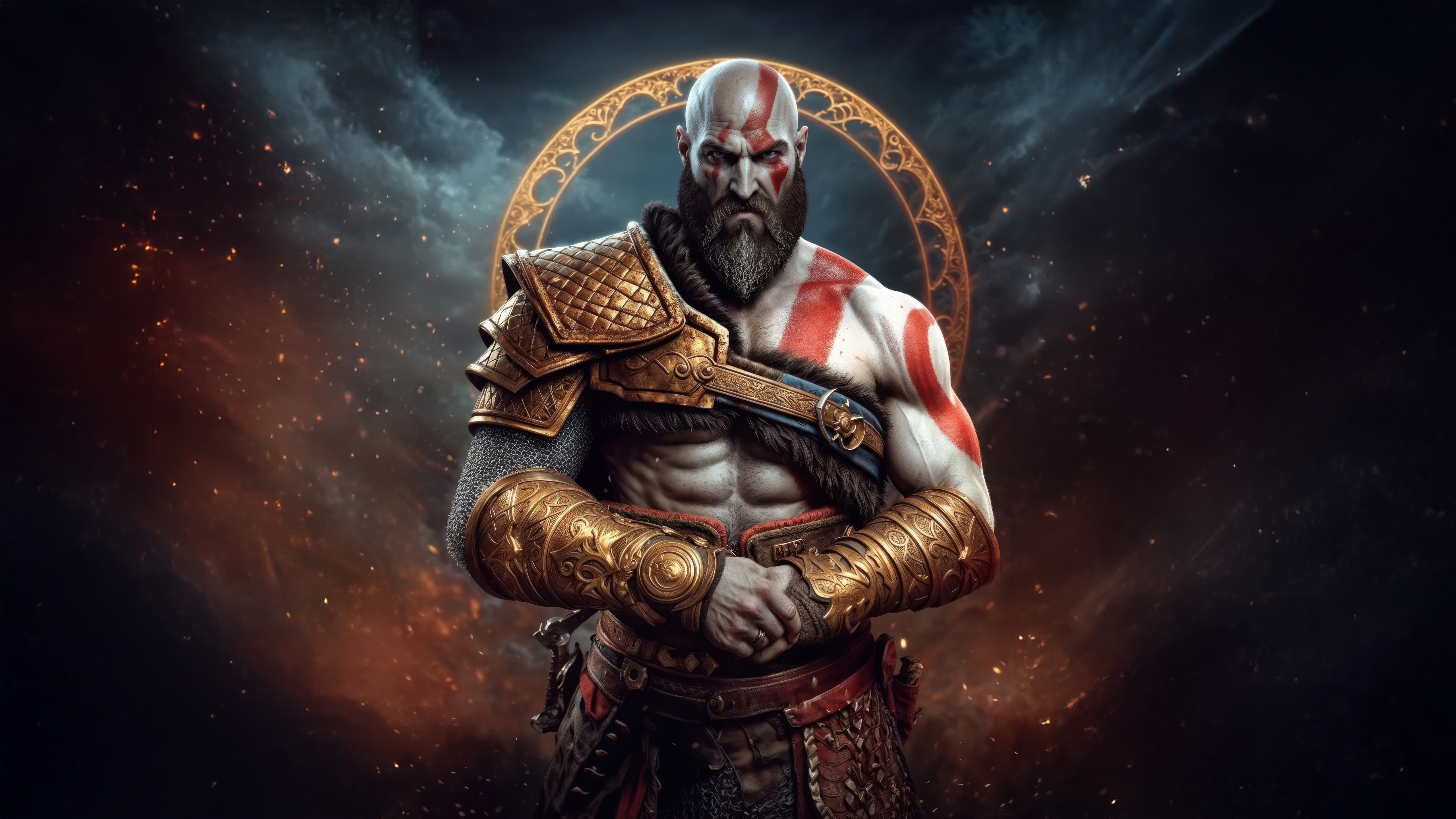 Kratos with a golden halo and fiery background HD Wallpaper