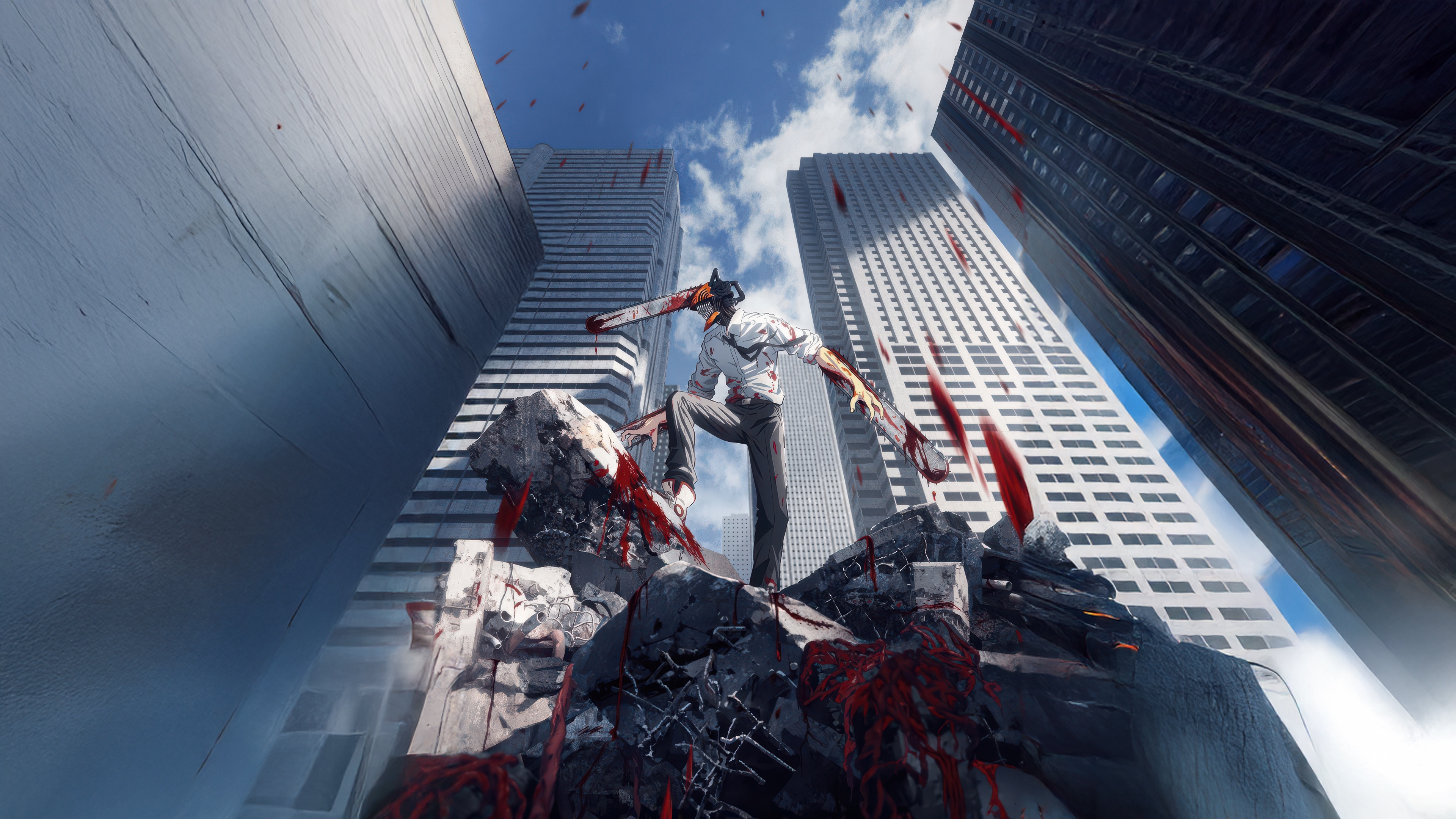 Chainsaw Man standing on rubble in city HD Wallpaper